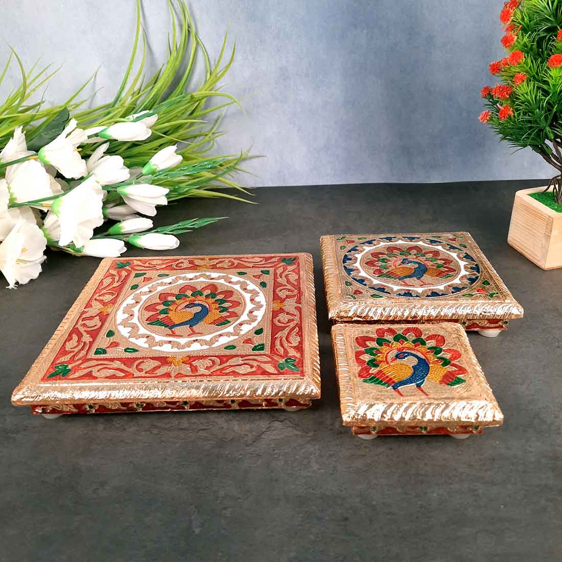 Pooja Chowki Bajot - Peacock Design - For For Pooja, Weddings & Festivals - Set of 3 - ApkaMart #Style_Design 2