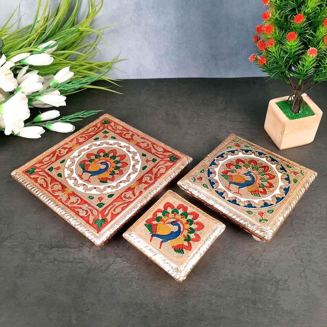 Pooja Chowki Bajot - Peacock Design - For For Pooja, Weddings & Festivals - Set of 3 - ApkaMart #Style_Design 2