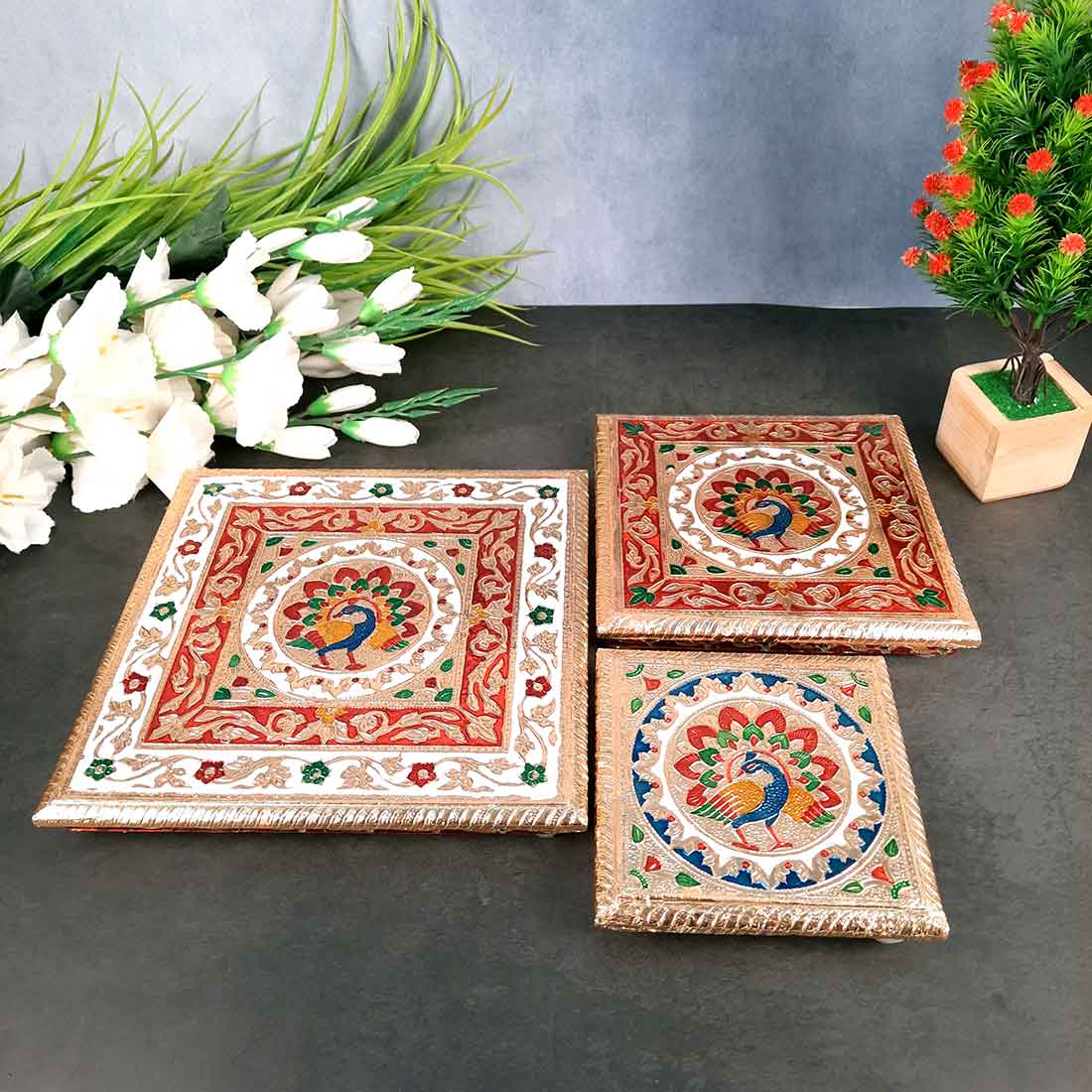 Pooja Chowki Bajot - Minakari Chowki Set - Set of 3 (6, Inch , 8 Inch, 10 Inch) - ApkaMart #Style_Design 2