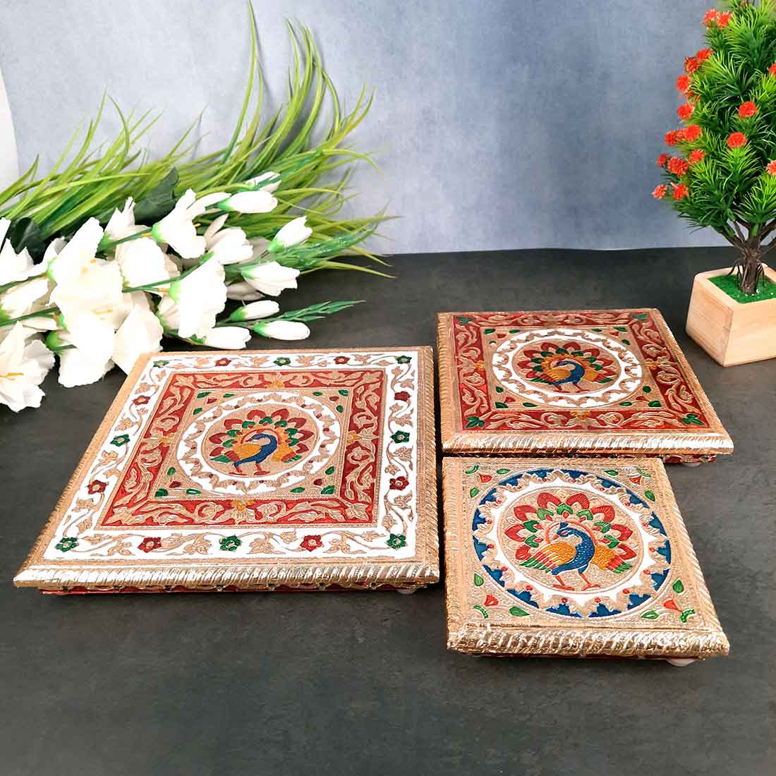 Pooja Chowki Bajot - Minakari Chowki Set - Set of 3 (6, Inch , 8 Inch, 10 Inch) - ApkaMart #Style_Design 2