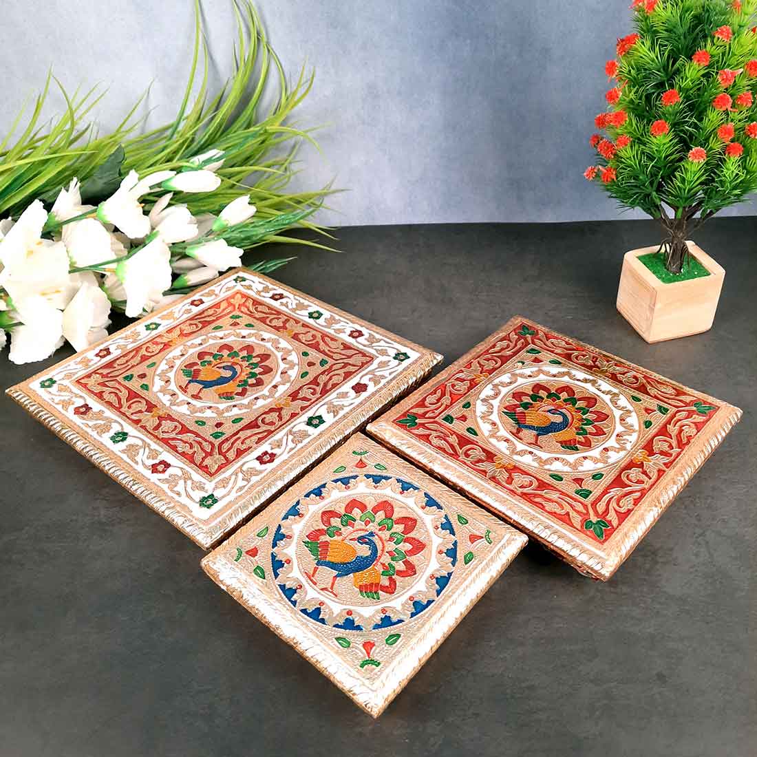 Pooja Chowki Bajot - Minakari Chowki Set - Set of 3 (6, Inch , 8 Inch, 10 Inch) - ApkaMart #Style_Design 2