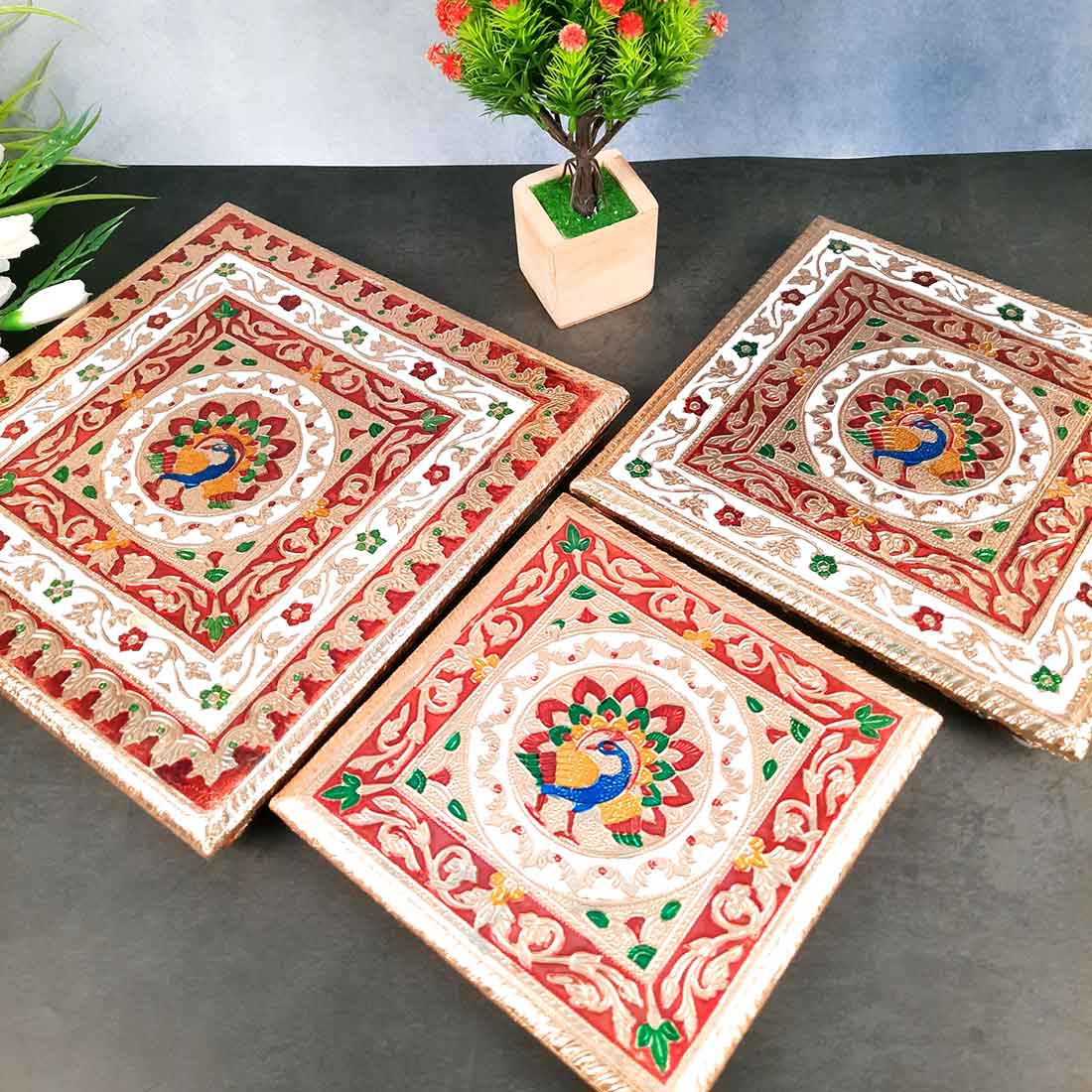 Minakari Pooja Chowki - Wooden Bajot - For Pooja & Festivals - Set of 3 - ApkaMart #Style_Design 2