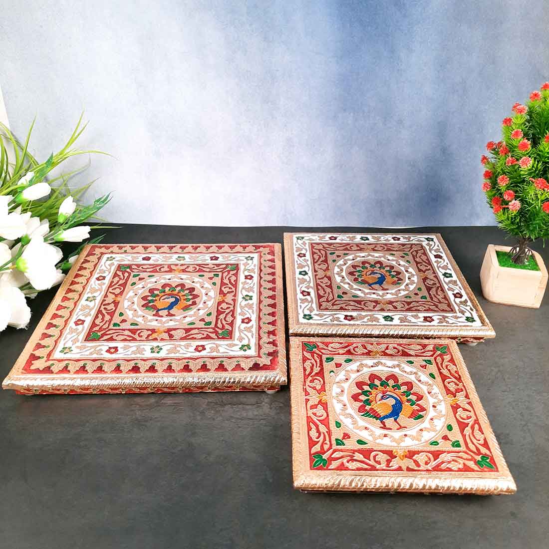 Minakari Pooja Chowki - Wooden Bajot - For Pooja & Festivals - Set of 3 - ApkaMart #Style_Design 2