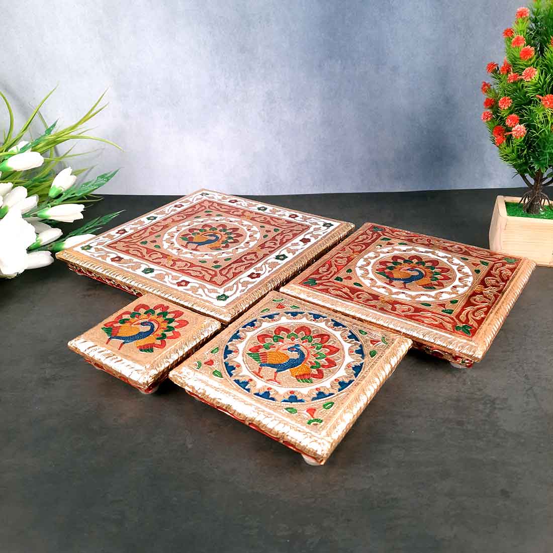 Pooja Chowki - For Sitting, Puja & Home Decor - Pack of 4 - ApkaMart #Style_Design 2