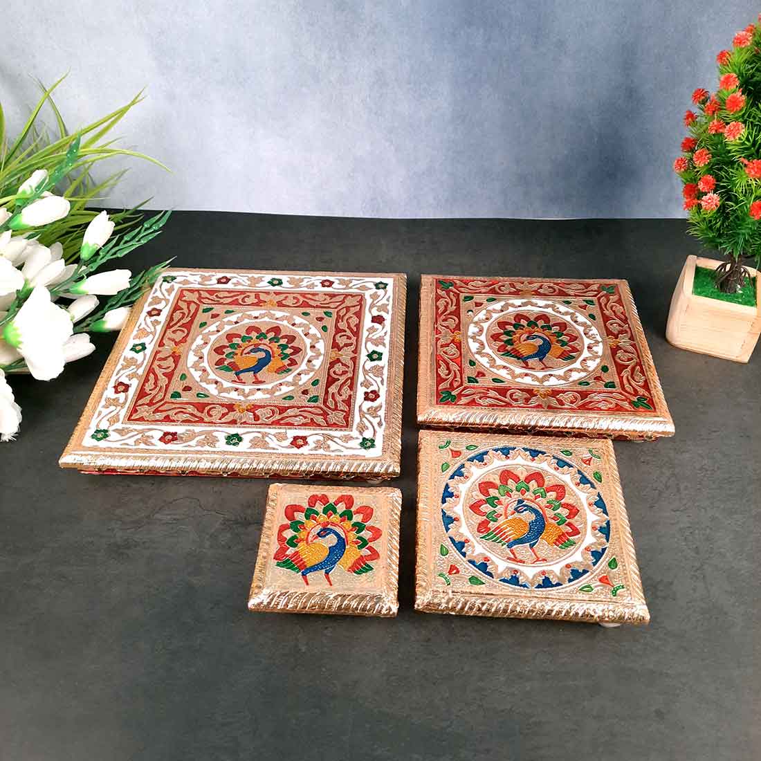 Pooja Chowki - For Sitting, Puja & Home Decor - Pack of 4 - ApkaMart #Style_Design 2