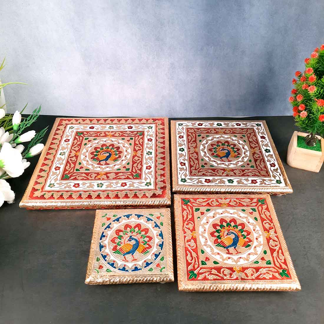 Decorative Chowki - Pack of 4 - For Sitting, Puja & Home Decor - ApkaMart#Style_Design 2