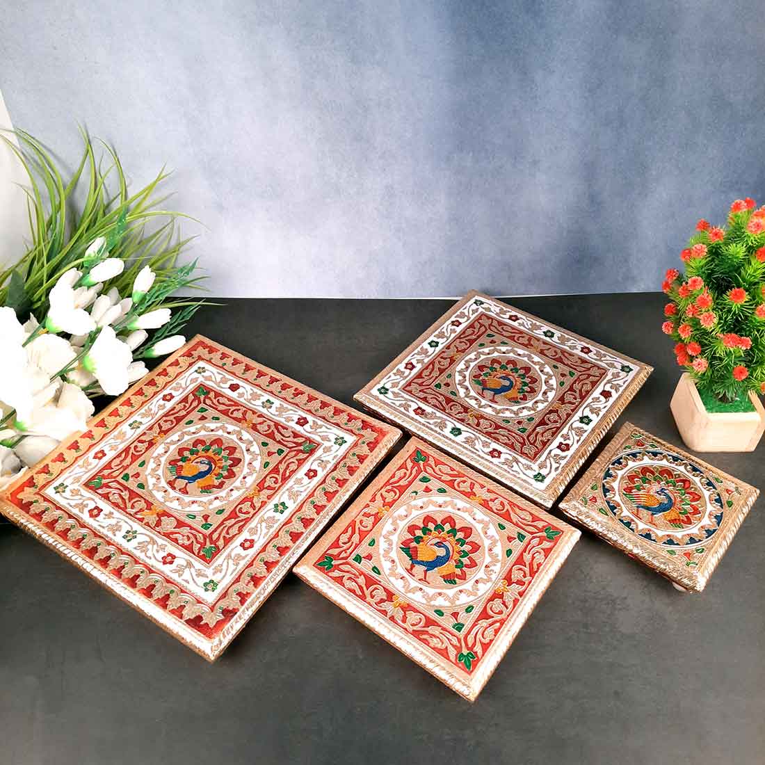 Decorative Chowki - Pack of 4 - For Sitting, Puja & Home Decor - ApkaMart#Style_Design 2