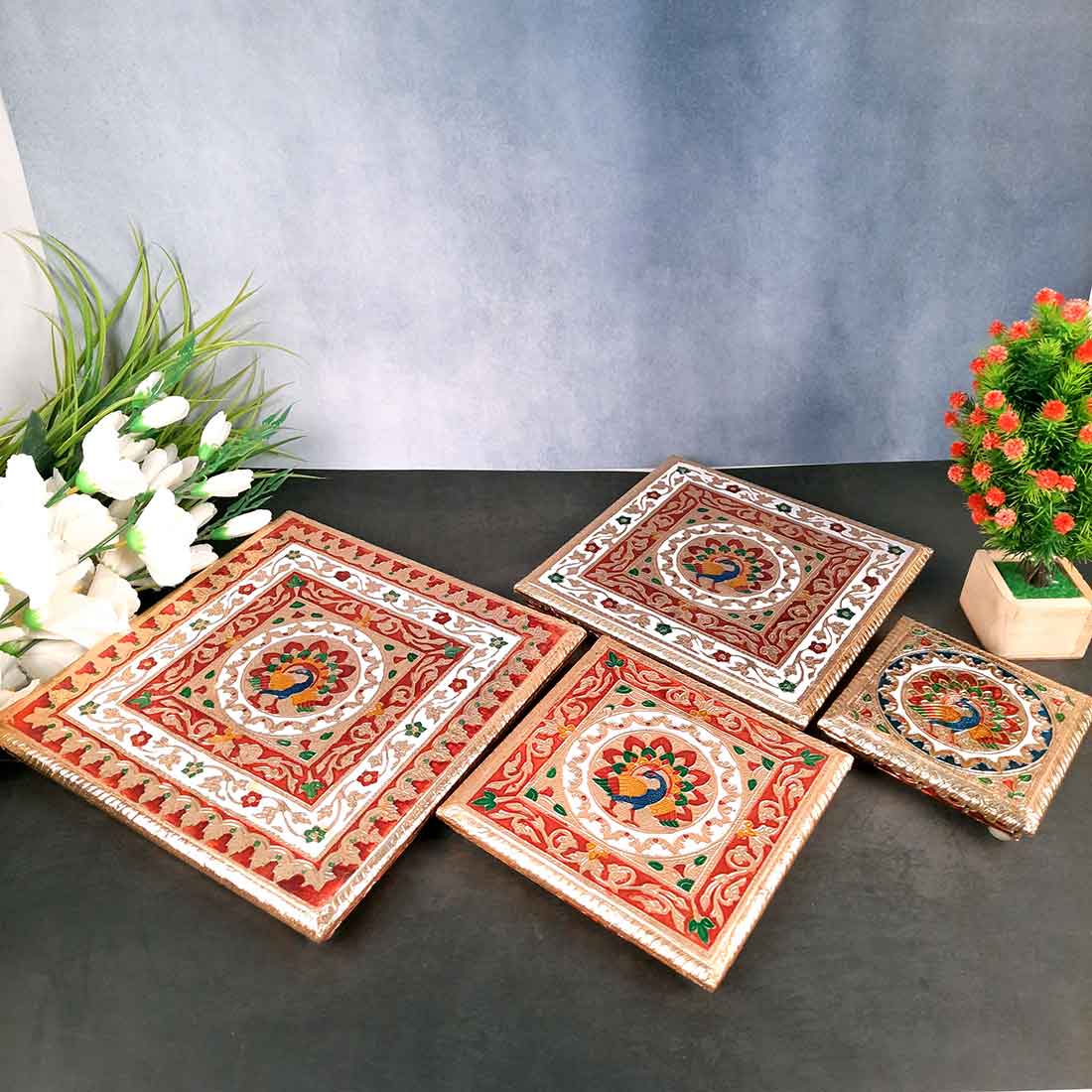 Decorative Chowki - Pack of 4 - For Sitting, Puja & Home Decor - ApkaMart#Style_Design 2