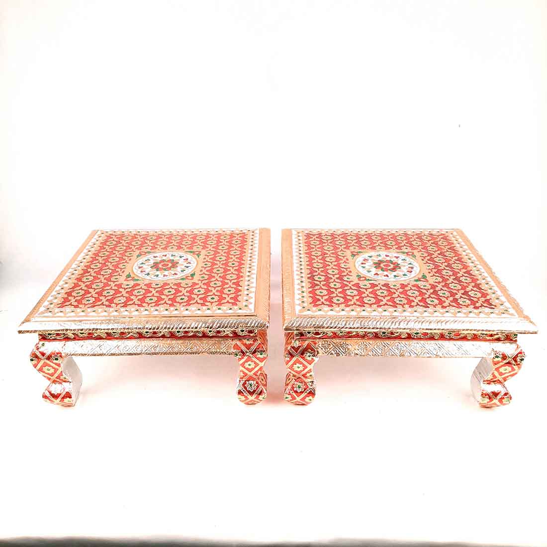 Pooja Chowki Bajot | Wooden Minakari Chowki - For Pooja, Festivals & Home Décor - Apkamart #Style_Pack of 2