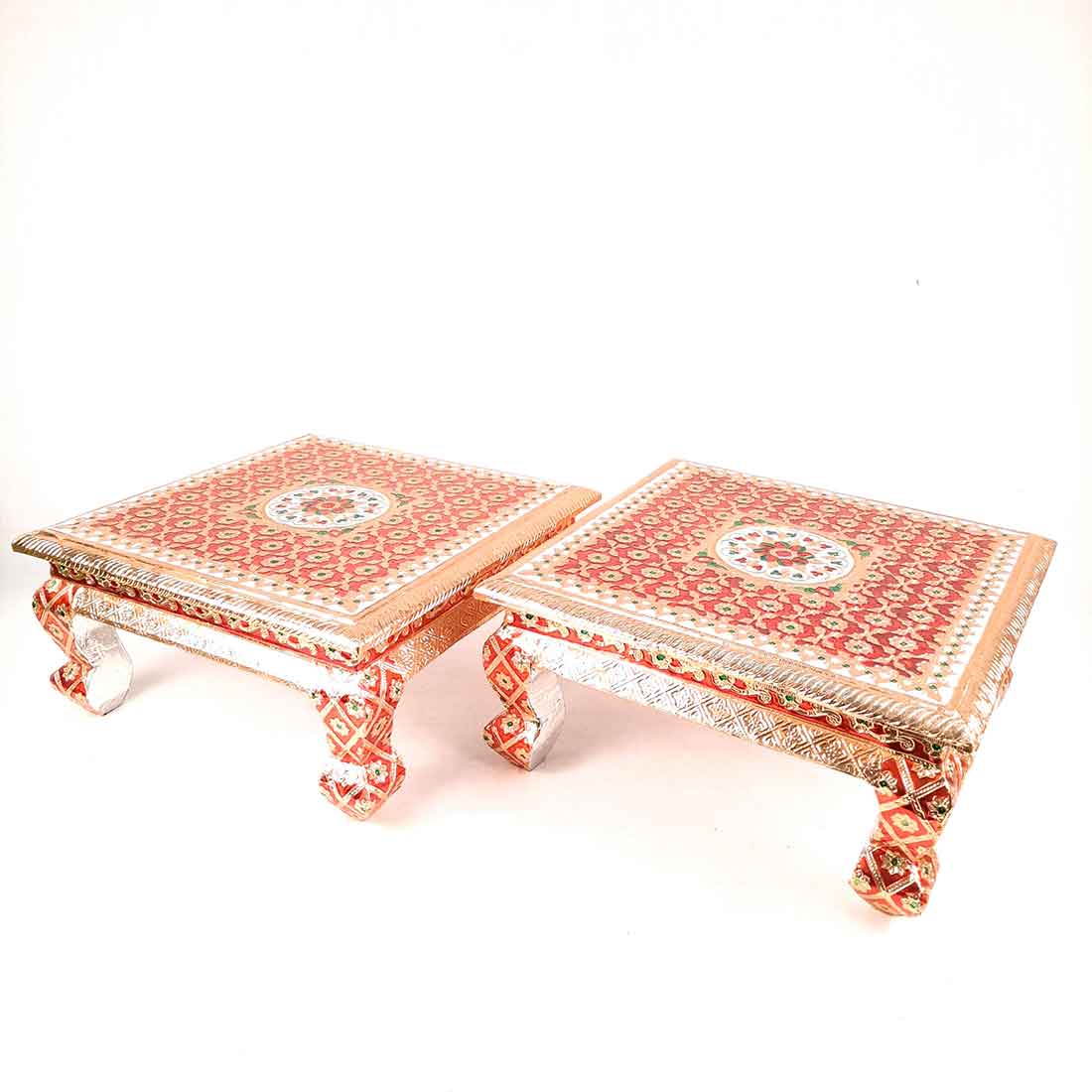 Pooja Chowki Bajot | Wooden Minakari Chowki - For Pooja, Festivals & Home Décor - Apkamart #Style_Pack of 2