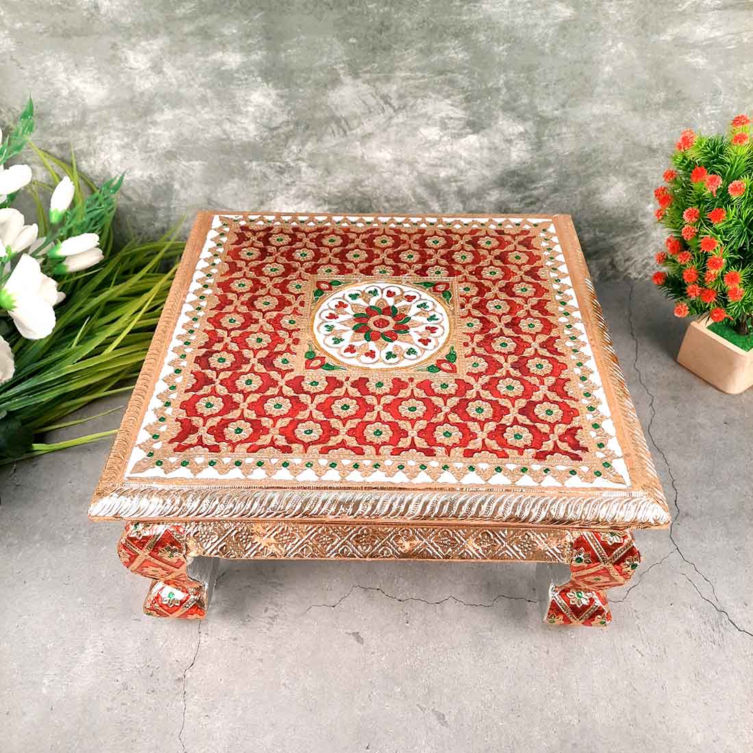 Pooja Chowki Bajot | Wooden Minakari Chowki - For Pooja, Festivals & Home Décor - Apkamart #Style_Pack of 1