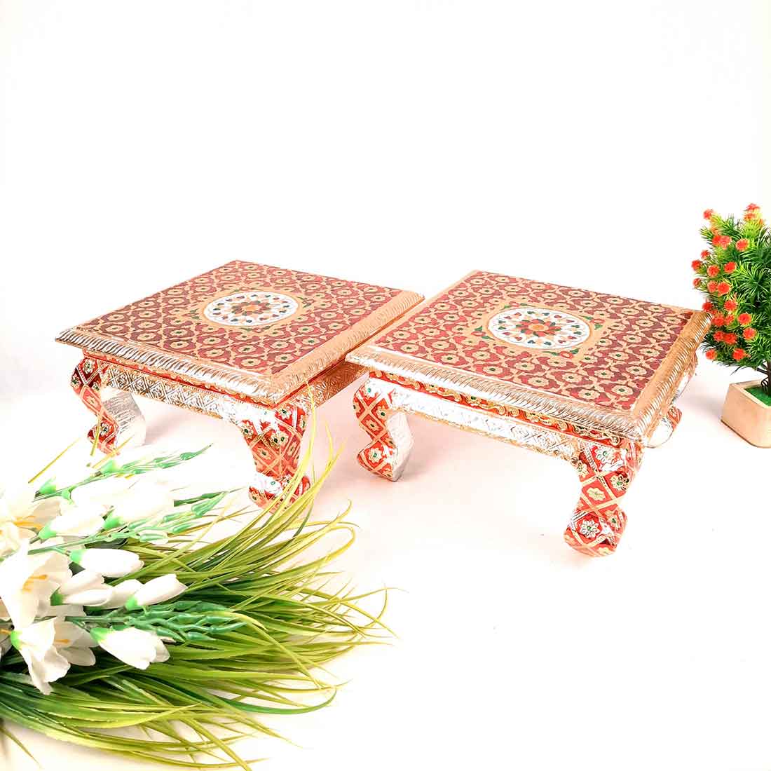 Minakari Chauki | Pooja Chowki Bajot - For Diwali Pooja, Festivals, Ceremonies & Home Decoration -12 inch - Apkamart #Style_Pack of 2