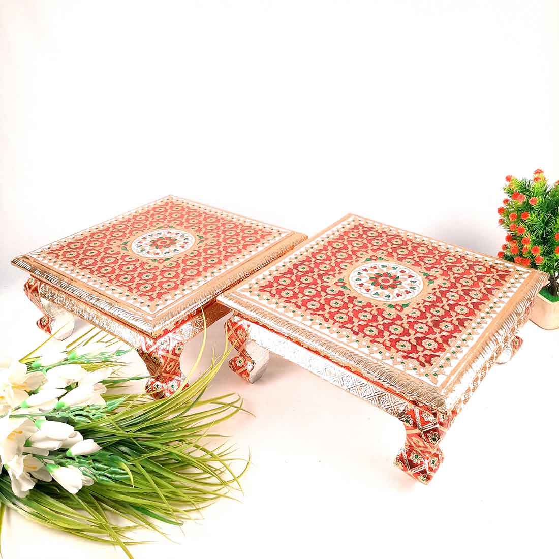 Pooja Chowki Bajot | Wooden Minakari Chowki - For Pooja, Festivals & Home Décor - Apkamart #Style_Pack of 2