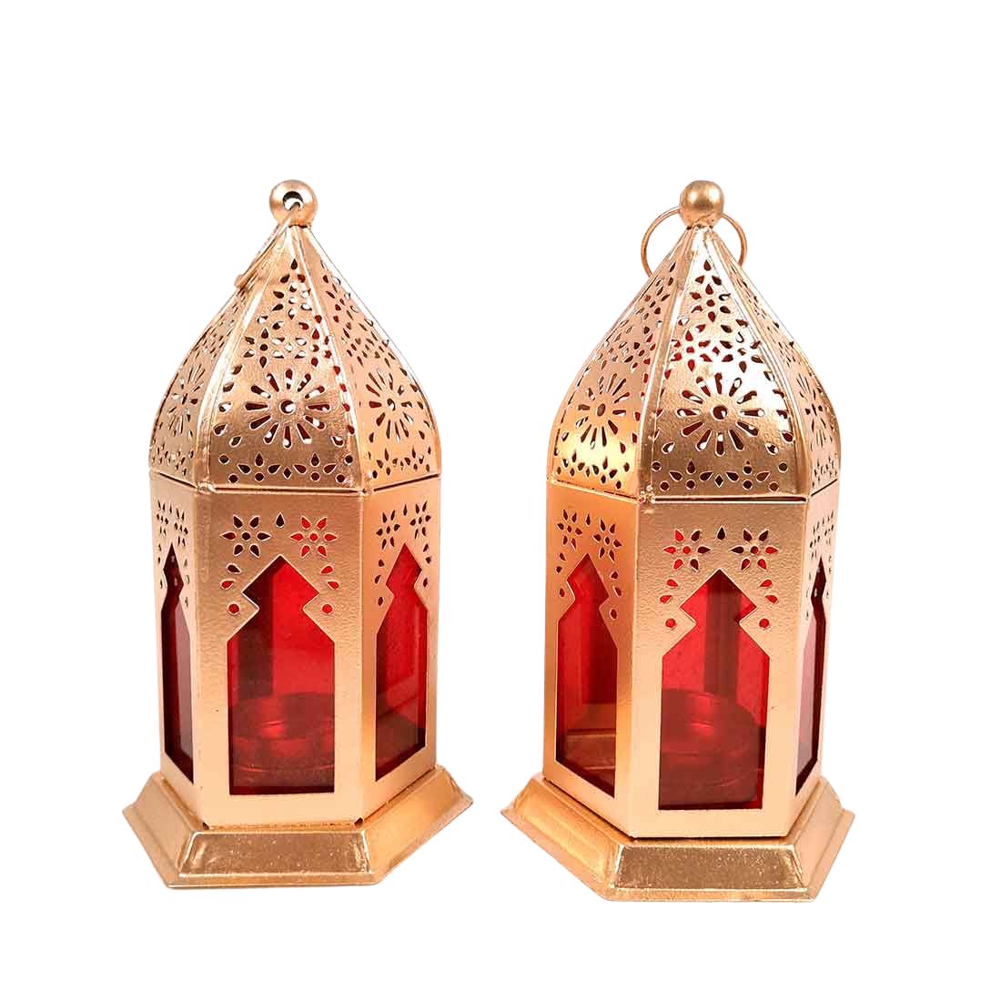Hanging Tea Light Lantern | Moroccan Lantern Glass Hanging Lamp - For Home Decor & Gifts (Pack of 2) - 7 Inch - Apkamart #Style_Pack of 2