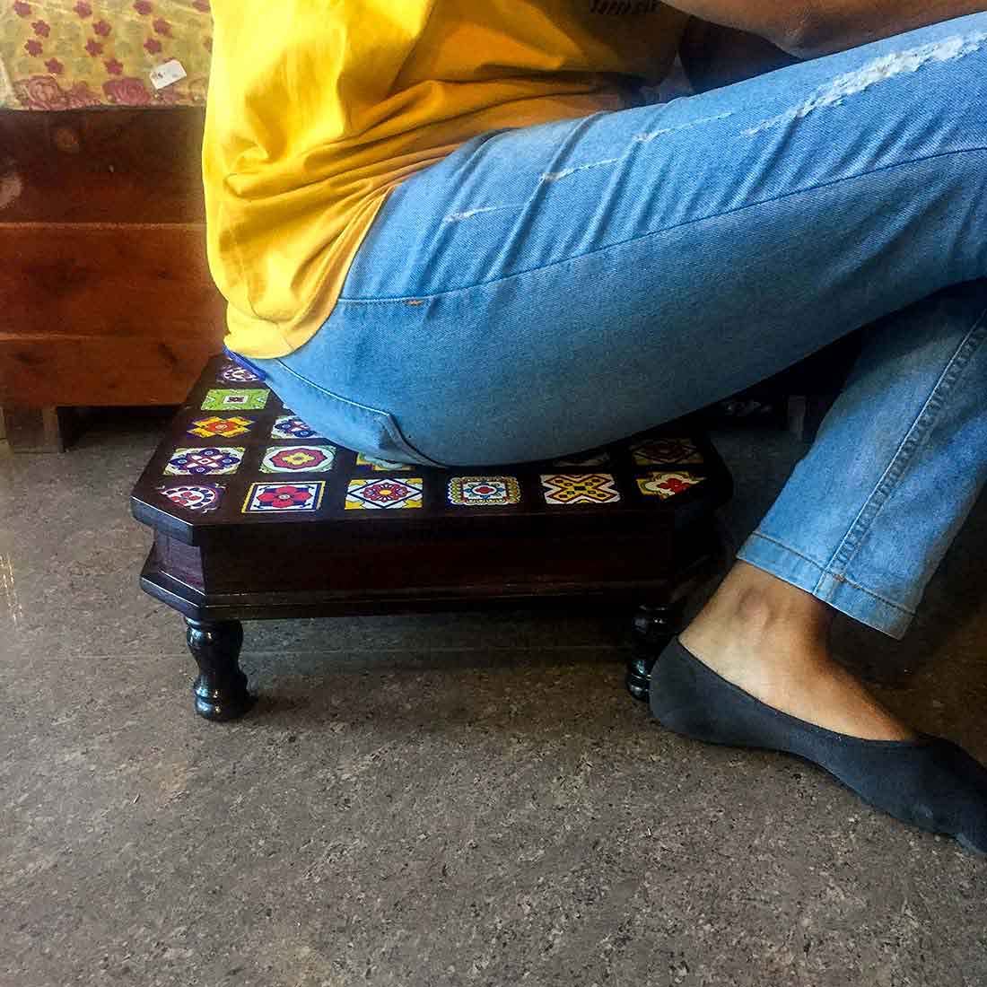 Wooden Chowki with Ceramic Tiles - For For Pooja, Weddings & Festivals - 14 Inch - ApkaMart