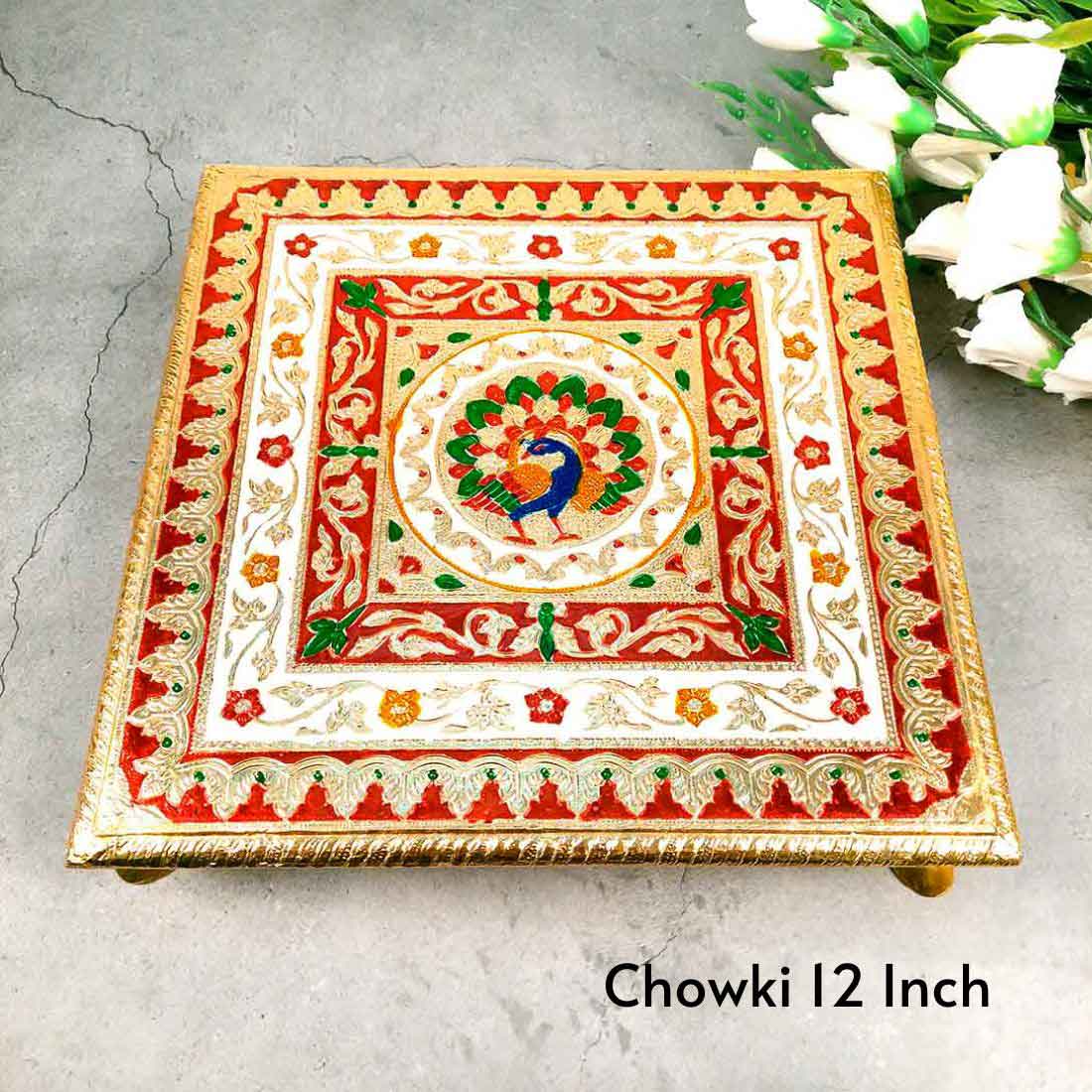 Wooden Pooja Bajot - Minakari Chauki Set - For Pooja, Weddings & Festivals -Set of 2 (10 Inch & 12 Inch) - ApkaMart #Style_Design 1