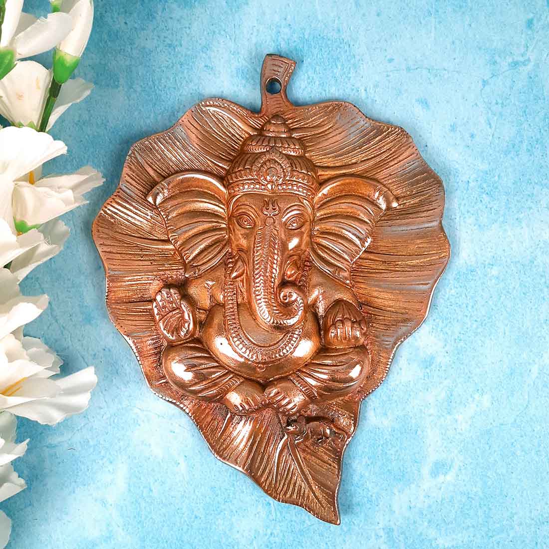 Ganesh Idol Wall Hanging | Lord Ganesha With Leaf Design Wall Statue Decor | Religious & Spiritual Wall Art - For Puja, Home & Entrance Living Room & Gift - 8 Inch