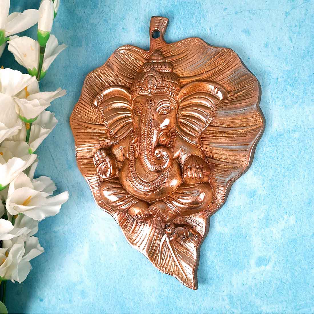 Ganesh Idol Wall Hanging | Lord Ganesha With Leaf Design Wall Statue Decor | Religious & Spiritual Wall Art - For Puja, Home & Entrance  Living Room & Gift - 8 Inch