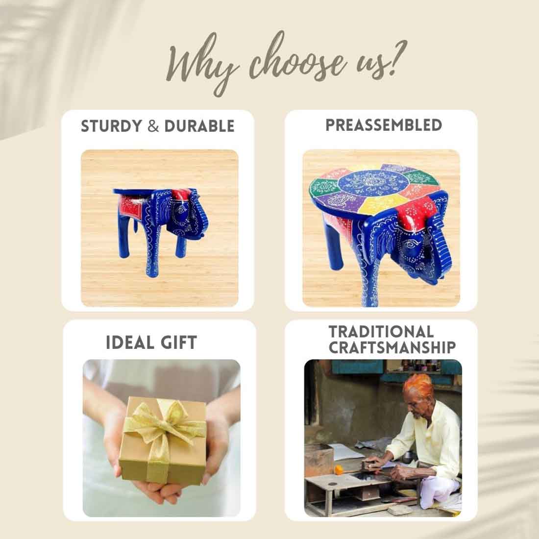 Elephant Design Wooden Stool - for Office Decor & Gifts - 12 inch - ApkaMart