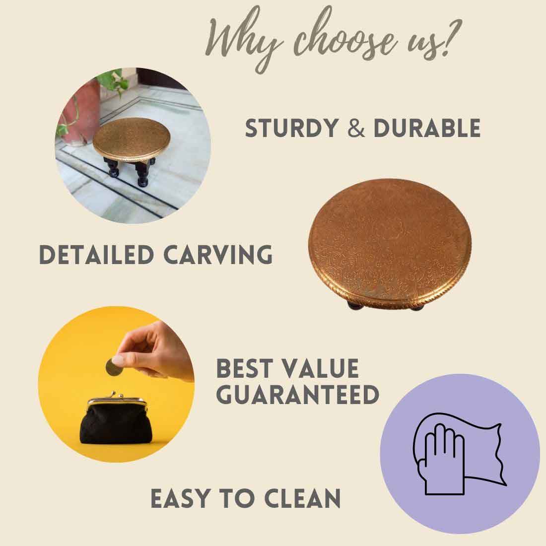 Brass Chowki 11 Inch - For Sitting, Puja & Home Decor - ApkaMart