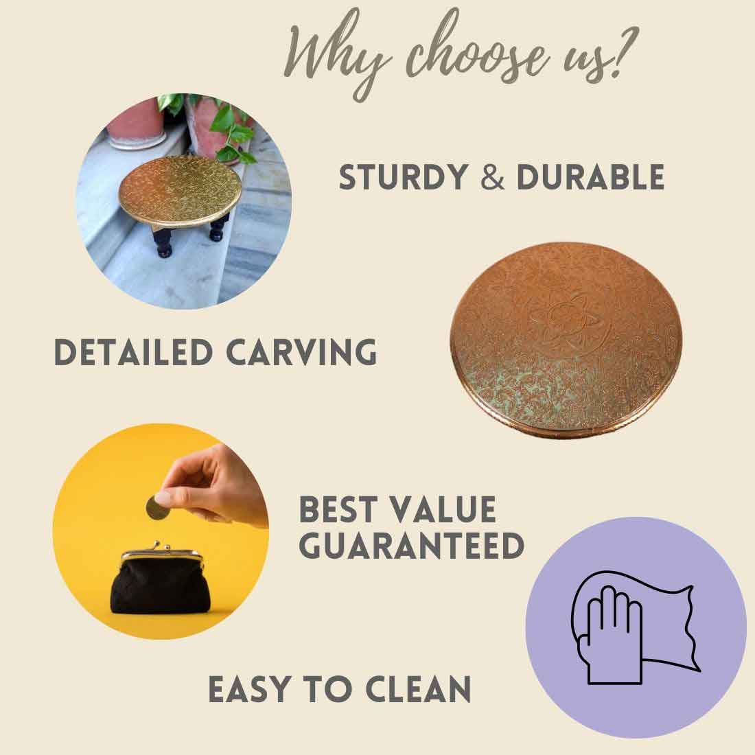 Wooden Brass Chowki - 13 Inch - For Sitting, Puja & Home Decor - ApkaMart