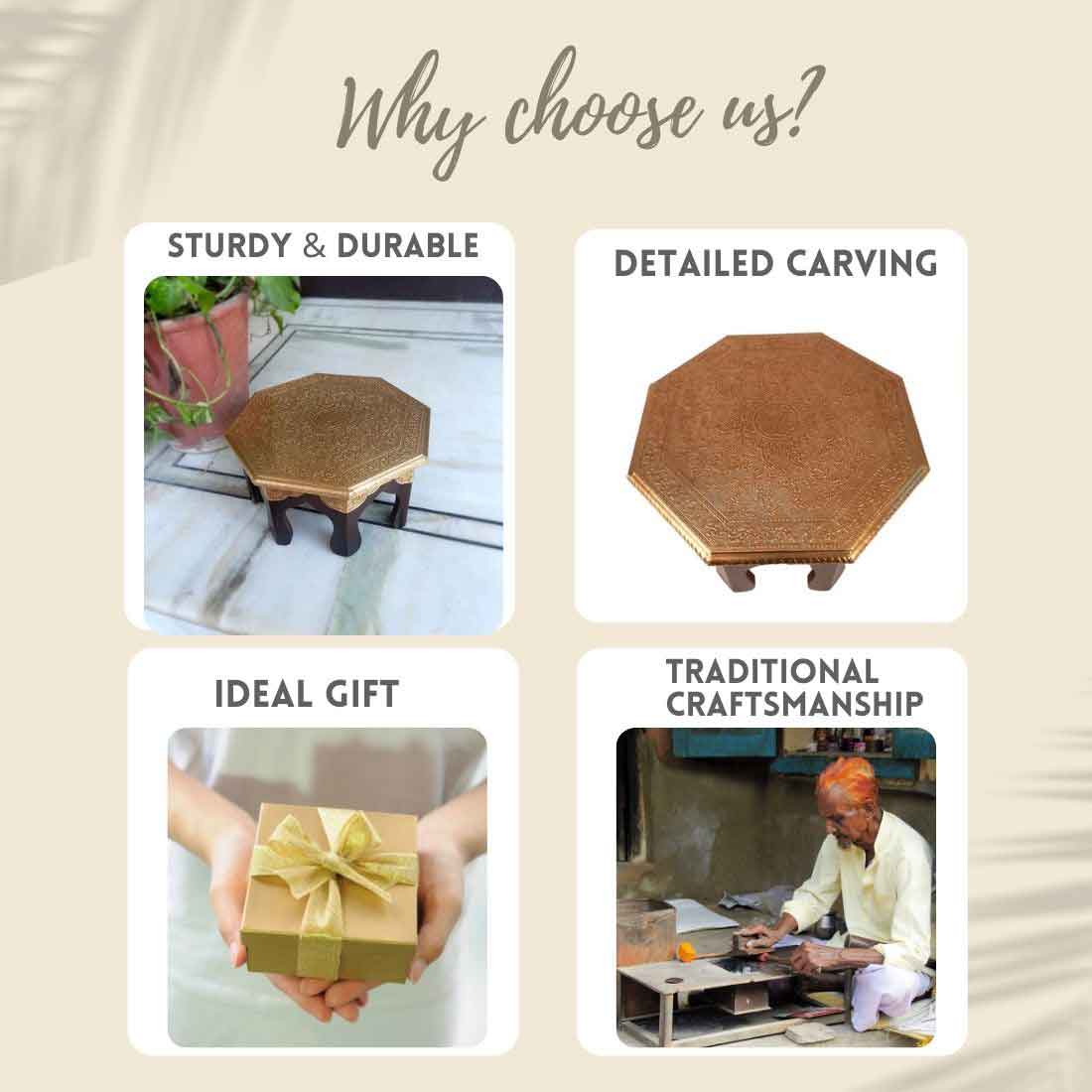 Brass  Chowki - 13 Inch - For Sitting, Puja & Home Decor - ApkaMart