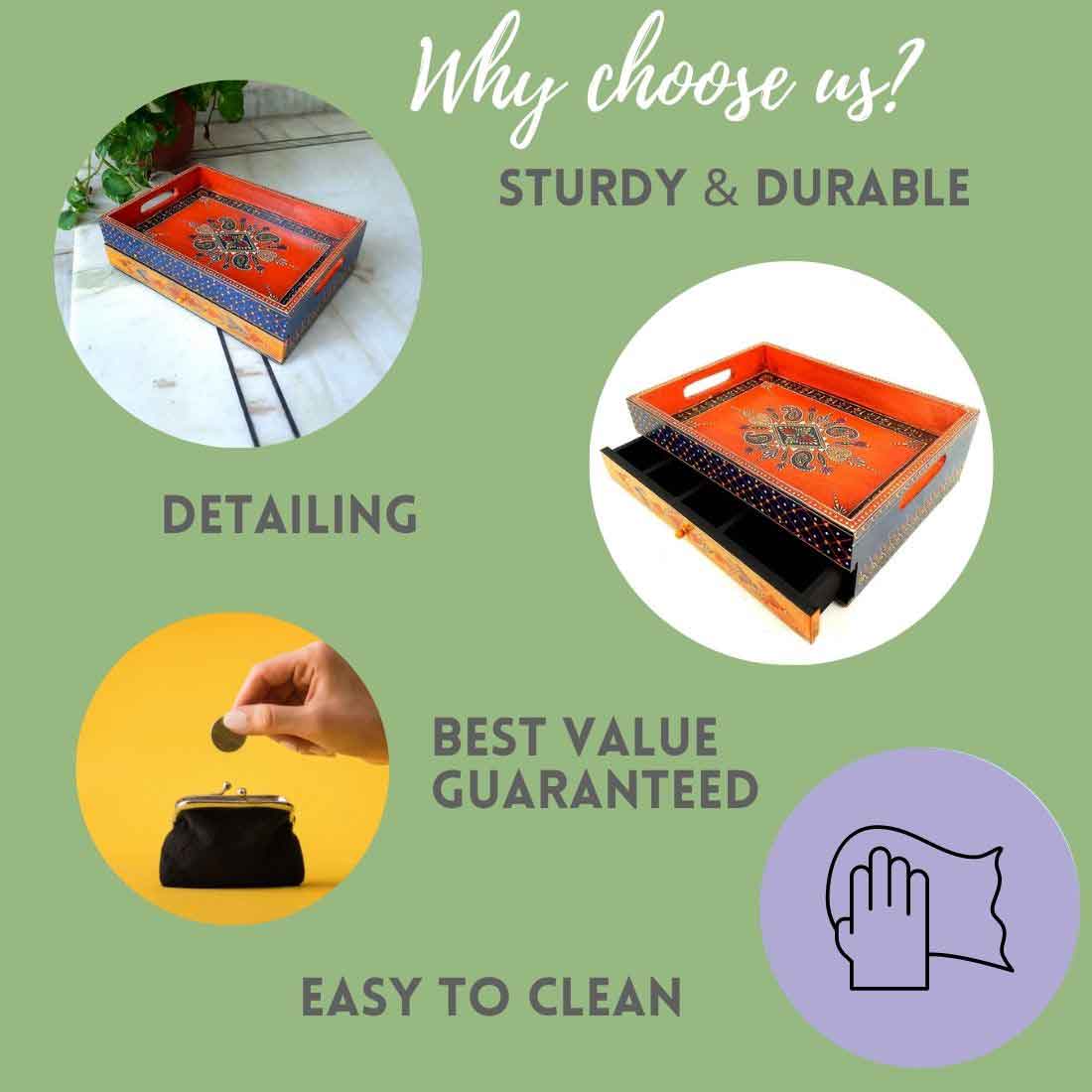 Serving Tray Set With Drawer | Tea Tray - For Serving & Table Decor - 15 Inch - ApkaMart