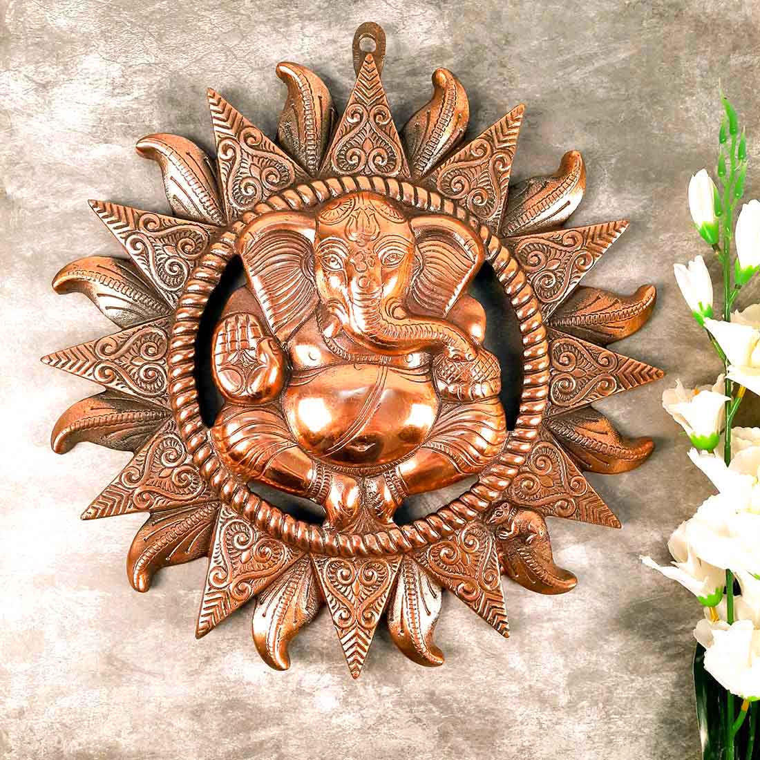 Ganesh Wall Hanging Murti | Ganesha Wall Statue With Sun - for Home Entrance & Main Door |Religoius & Spiritual Wall Art - For Puja, Living Room Decor & Gift - 17 Inch