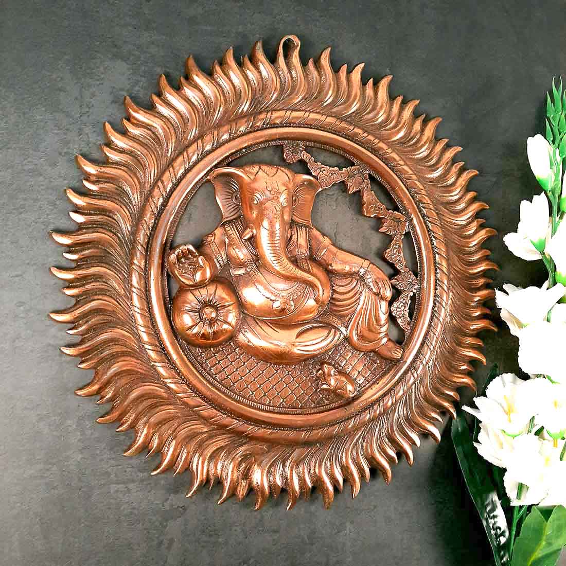 Ganesh Wall Hanging Murti | Ganesha Wall Statue With Sun - for Home Entrance & Main Door |Religoius & Spiritual Wall Art - For Puja, Living Room Decor & Gift - 16 inch