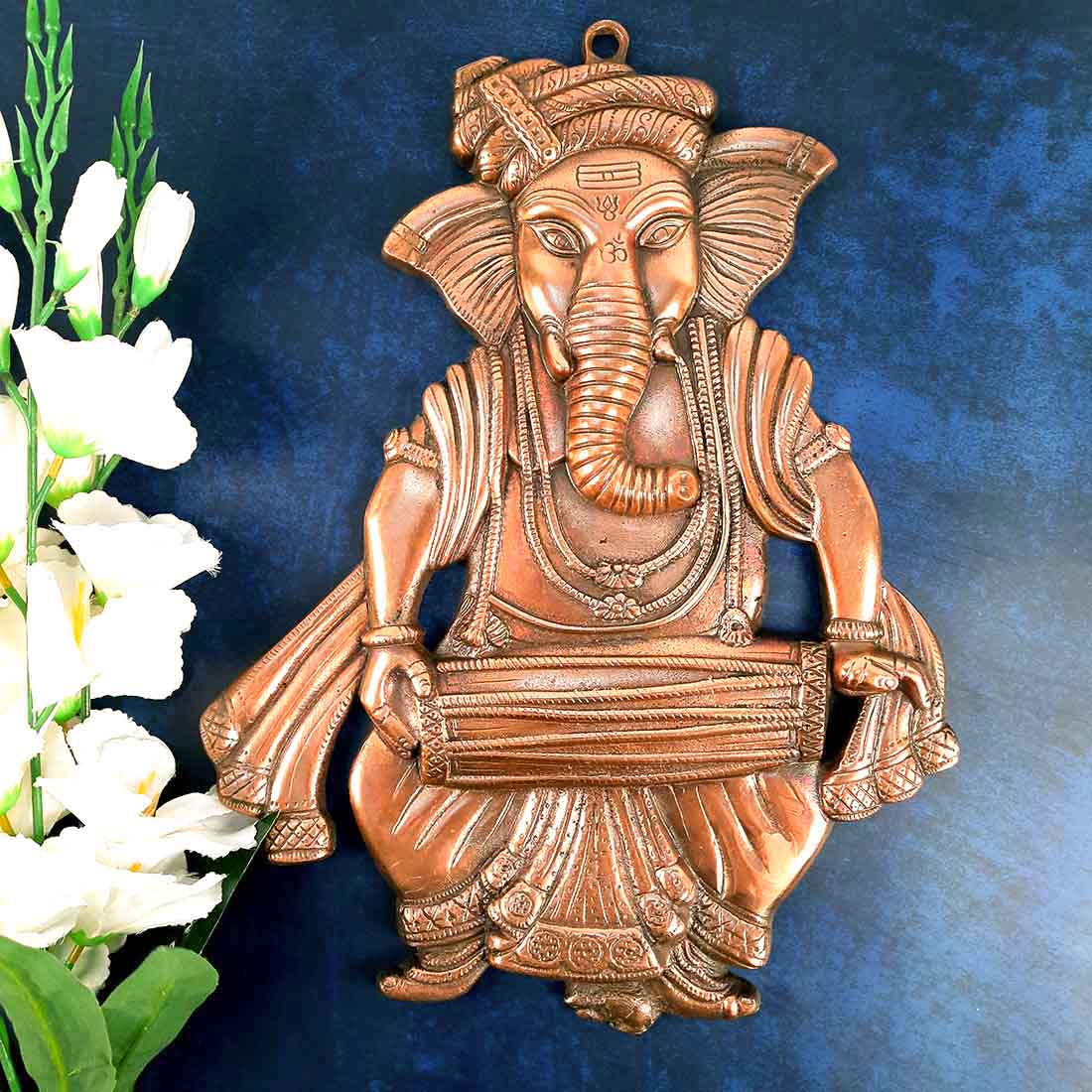 Lord Ganesh Wall Hanging Idol | Metal Ganesha Playing Dholak Wall Statue Decor for Main Gate | Ganpati Murti for Home, Puja & Religious Decor & Gift -17 Inch