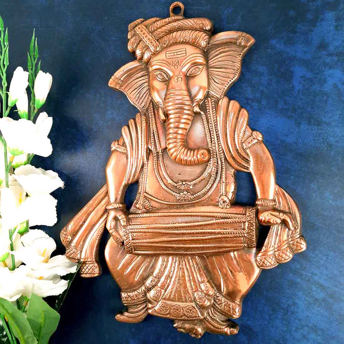 Lord Ganesh Wall Hanging Idol | Metal Ganesha Playing Dholak Wall Statue Decor for Main Gate | Ganpati Murti for Home, Puja & Religious Decor & Gift -17 Inch