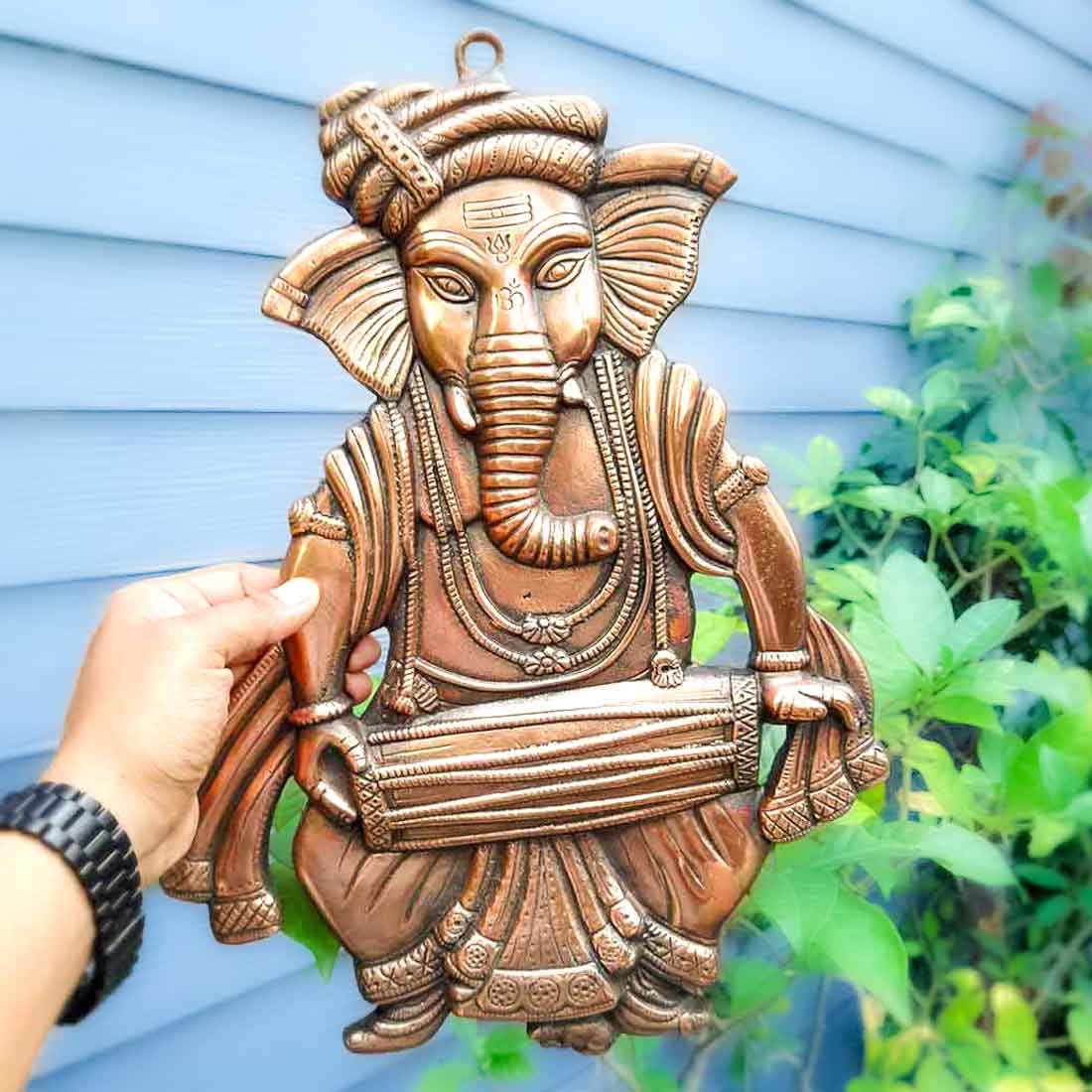 Lord Ganesh Wall Hanging Idol | Metal Ganesha Playing Dholak Wall Statue Decor for Main Gate | Ganpati Murti for Home, Puja & Religious Decor & Gift -17 Inch