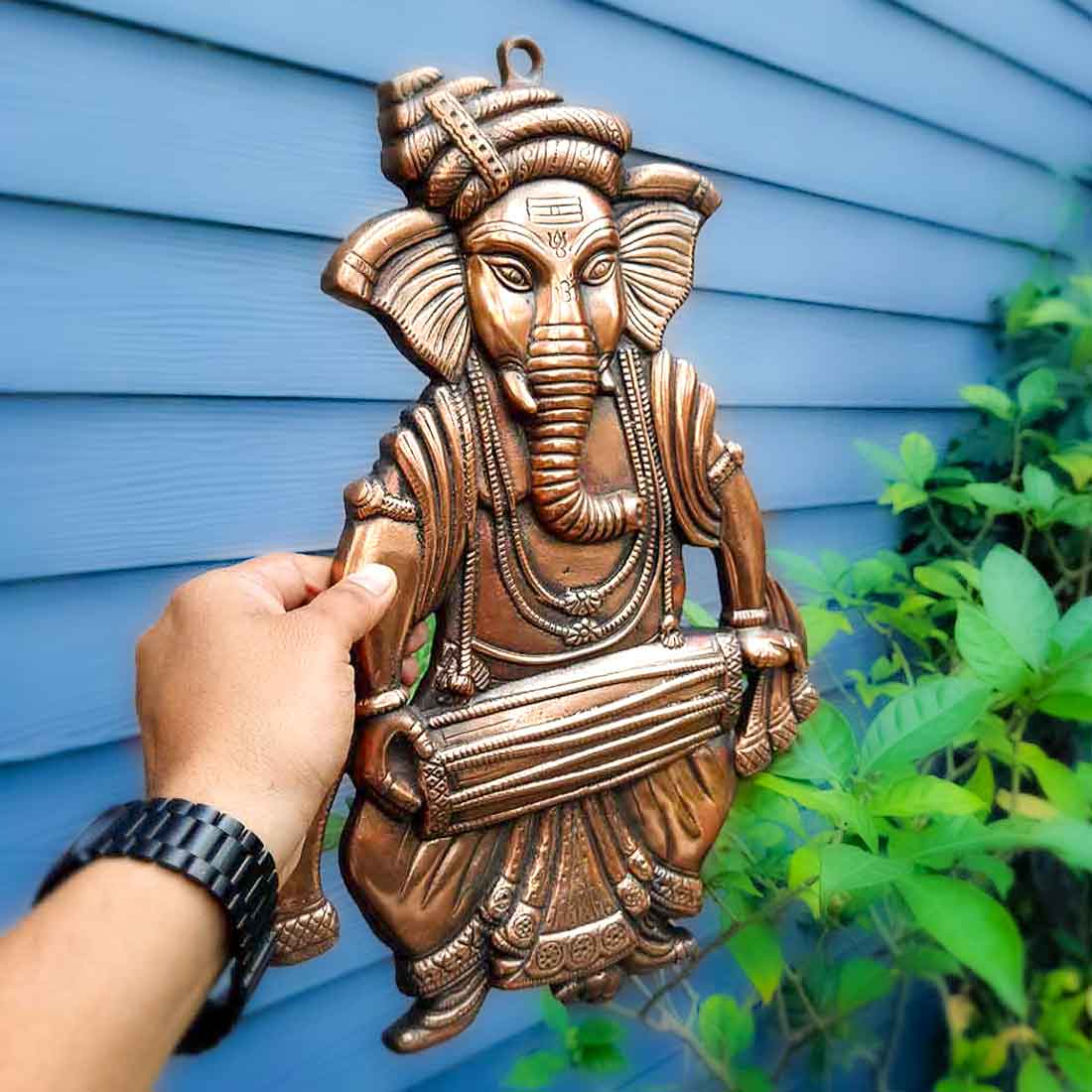 Lord Ganesh Wall Hanging Idol | Metal Ganesha Playing Dholak Wall Statue Decor for Main Gate | Ganpati Murti for Home, Puja & Religious Decor & Gift -17 Inch