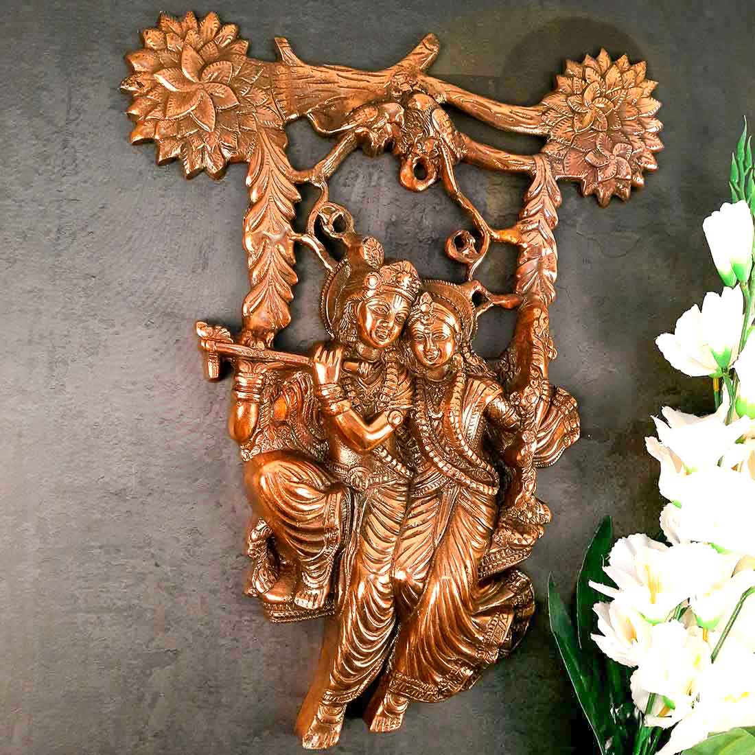 Radha Krishna Murti Wall Hanging | Shri Radhe Krishna Sitting On Jhula Wall Art Statue Idol - for Home, Living Room, Office, Puja , Entrance Decoration & Gifts -18 Inch
