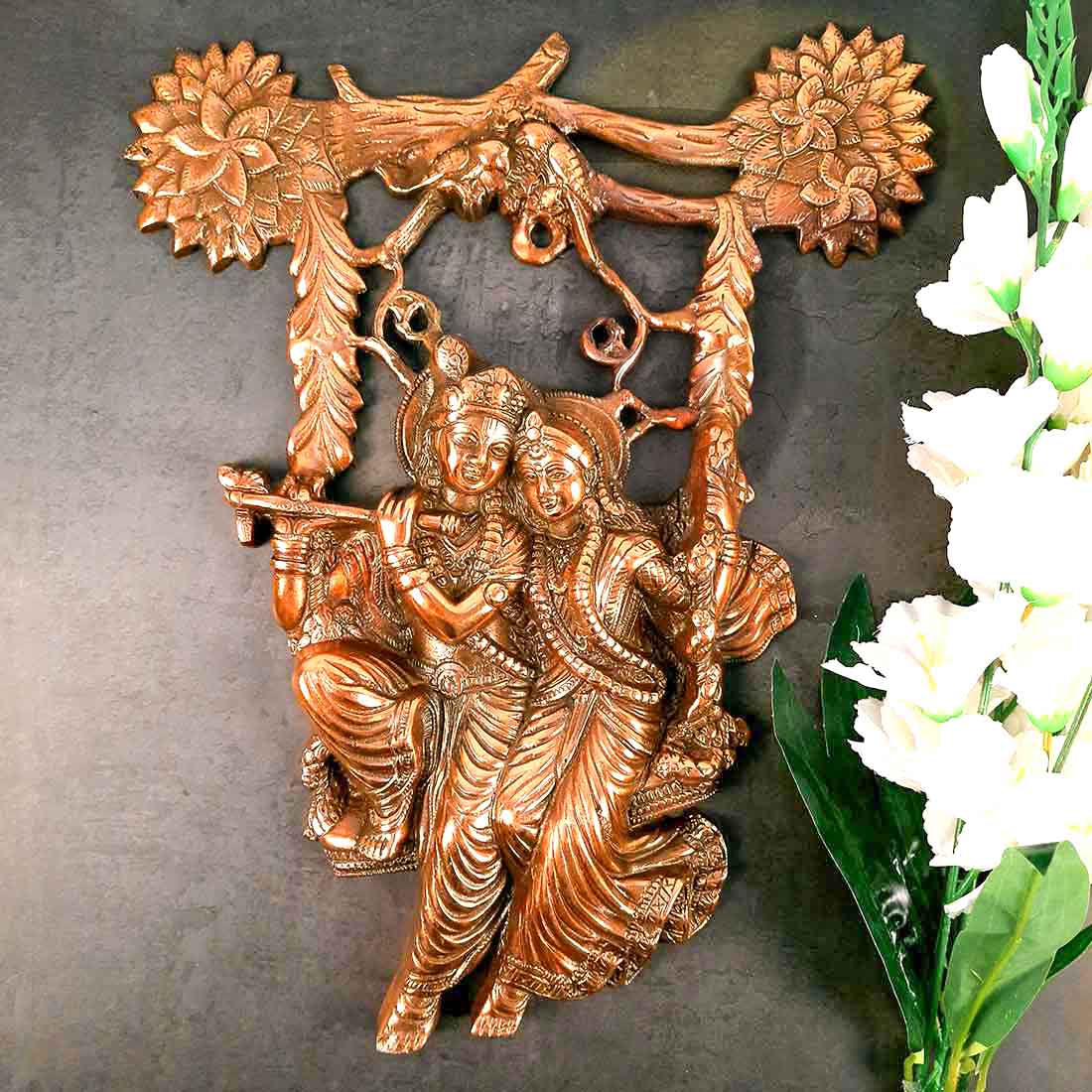 Radha Krishna Murti Wall Hanging | Shri Radhe Krishna Sitting On Jhula Wall Art Statue Idol - for Home, Living Room, Office, Puja , Entrance Decoration & Gifts -18 Inch