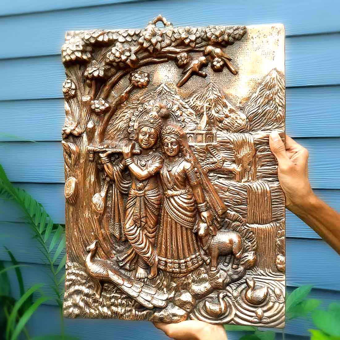 Radha Krishna Idol Wall Hanging Art | Radhe Krishna Playing Flute With Cow And Peacock Wall Statue Murti | Wedding Gift for Couples | Religious Gift - for Home, Living Room, Office, Puja , Entrance Decoration- 22 Inch