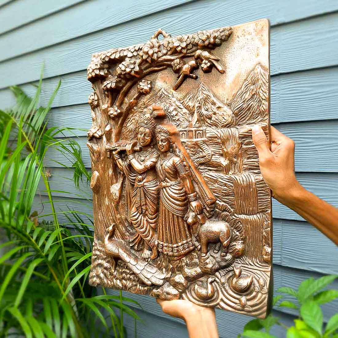 Radha Krishna Idol Wall Hanging Art | Radhe Krishna Playing Flute With Cow And Peacock Wall Statue Murti | Wedding Gift for Couples | Religious Gift - for Home, Living Room, Office, Puja , Entrance Decoration- 22 Inch