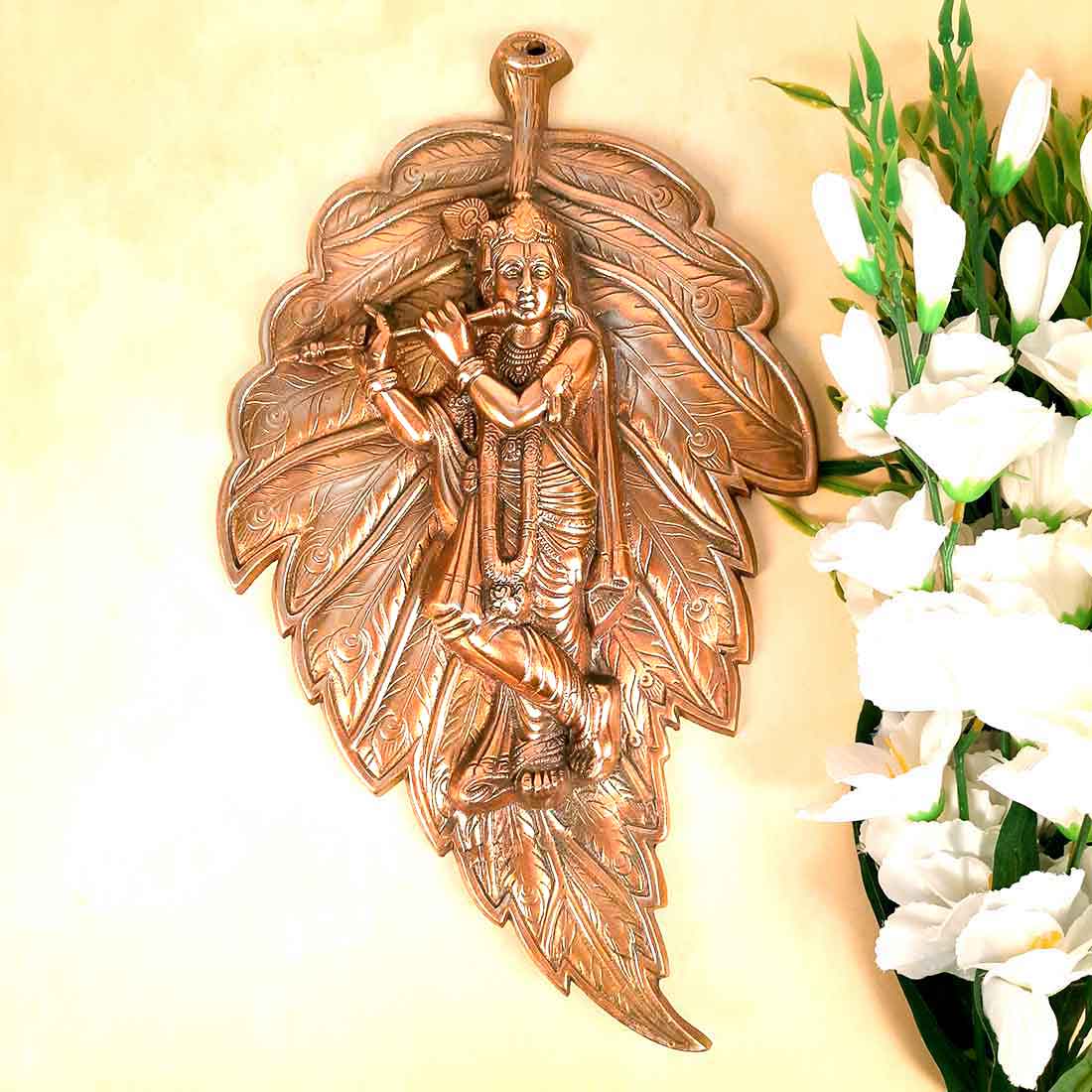 Krishna Wall Art | Living Room Decor Leaf Design - 19 inch - ApkaMart