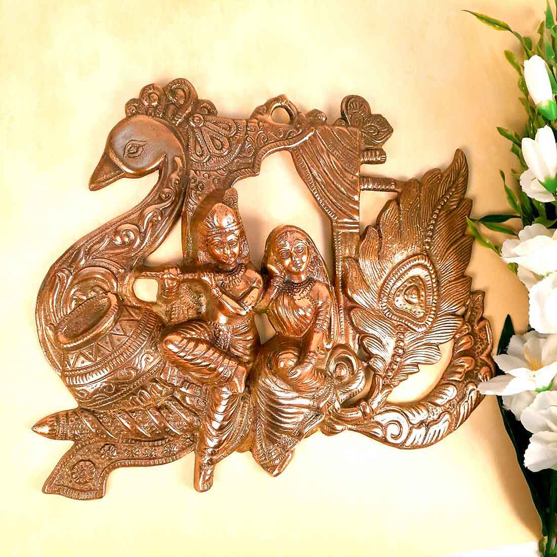 Radha Krishna Wall Art | Peacock Design - 15 Inch - ApkaMart