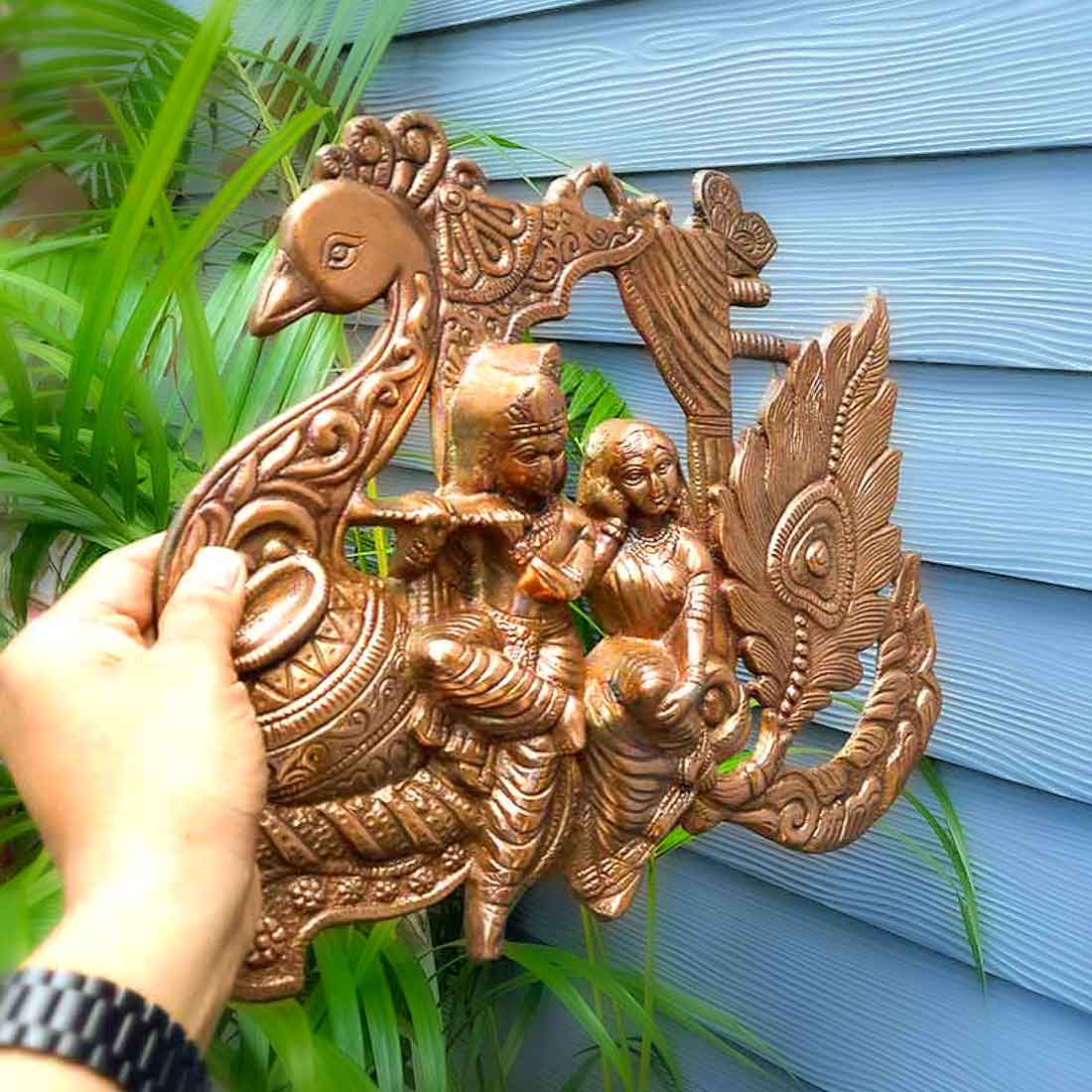 Radha Krishna Wall Art | Peacock Design - 15 Inch - ApkaMart