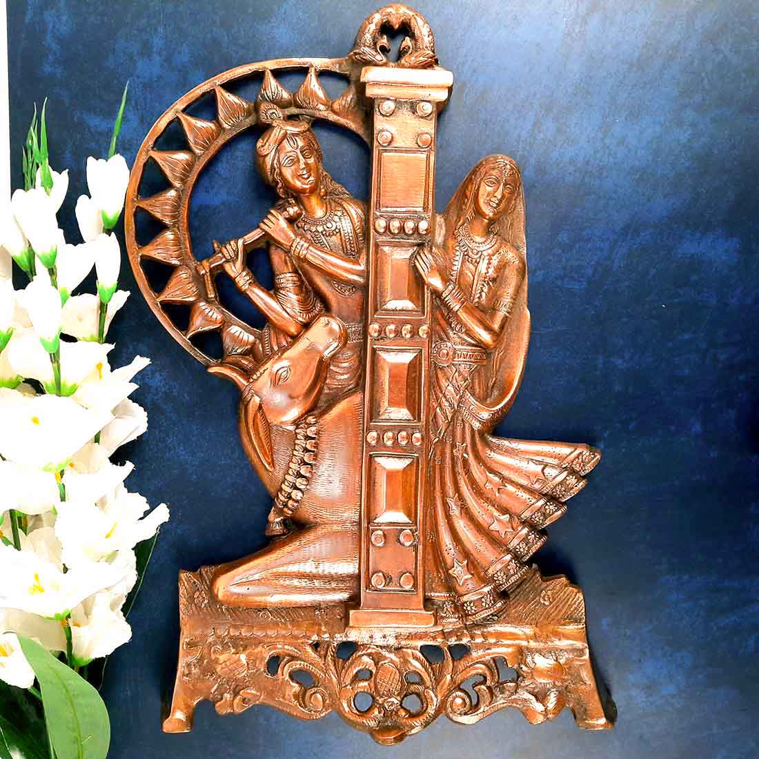 Radha Krishna Wall Hanging Idol | Shri Radha Krishna Playing Flute With Cow Wall Hanging Art Statue Murti | Religious & Spiritual Sculpture - for Gift, Home, Living Room, Office, Puja Room Decoration  - 21 Inch