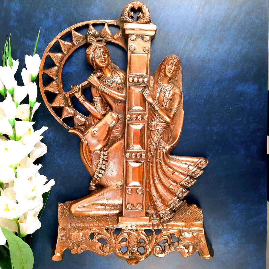 Radha Krishna Wall Hanging Idol | Shri Radha Krishna Playing Flute With Cow Wall Hanging Art Statue Murti | Religious & Spiritual Sculpture - for Gift, Home, Living Room, Office, Puja Room Decoration - 21 Inch