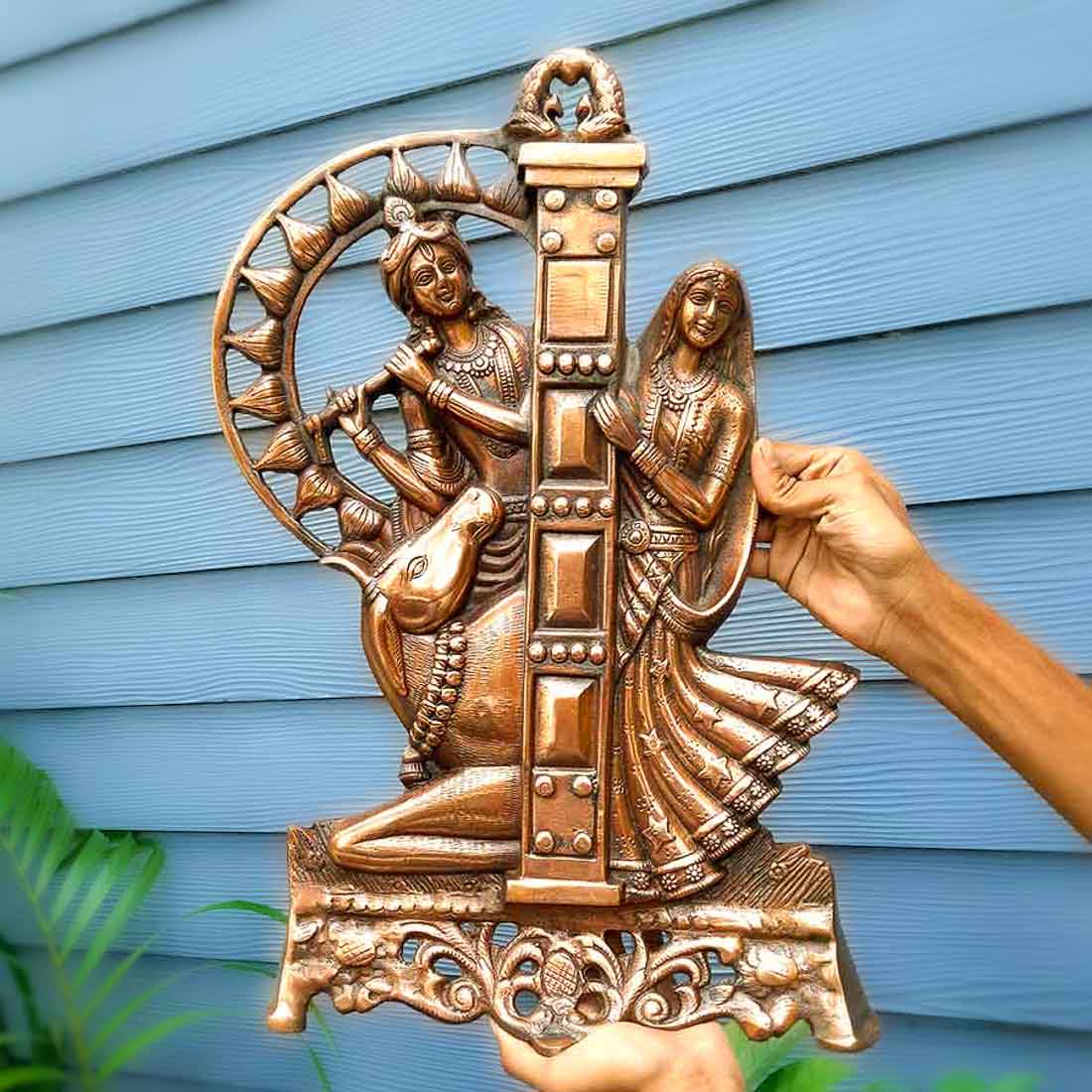 Radha Krishna Wall Hanging Idol | Shri Radha Krishna Playing Flute With Cow Wall Hanging Art Statue Murti | Religious & Spiritual Sculpture - for Gift, Home, Living Room, Office, Puja Room Decoration - 21 Inch
