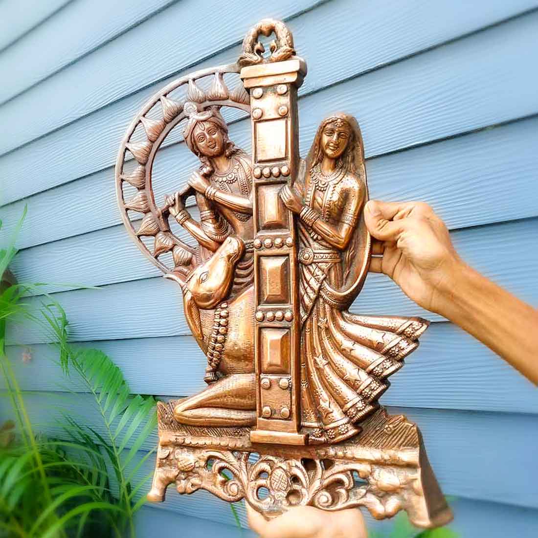 Radha Krishna Wall Hanging Idol | Shri Radha Krishna Playing Flute With Cow Wall Hanging Art Statue Murti | Religious & Spiritual Sculpture - for Gift, Home, Living Room, Office, Puja Room Decoration - 21 Inch