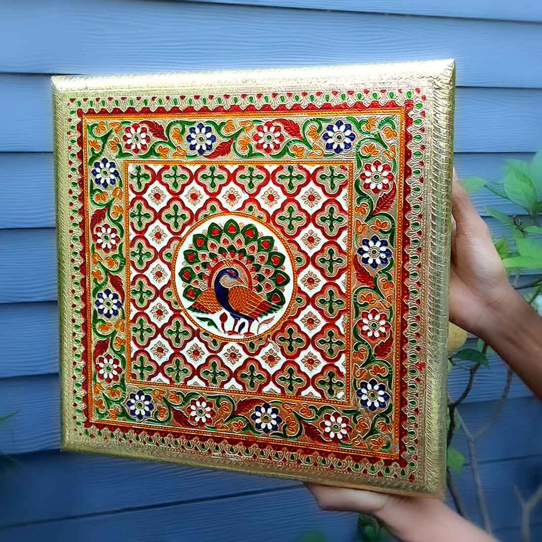 Minakari Pooja Chowki Bajot - Peacock Design - For Diwali pooja & Festive Decor - 16 Inch - ApkaMart