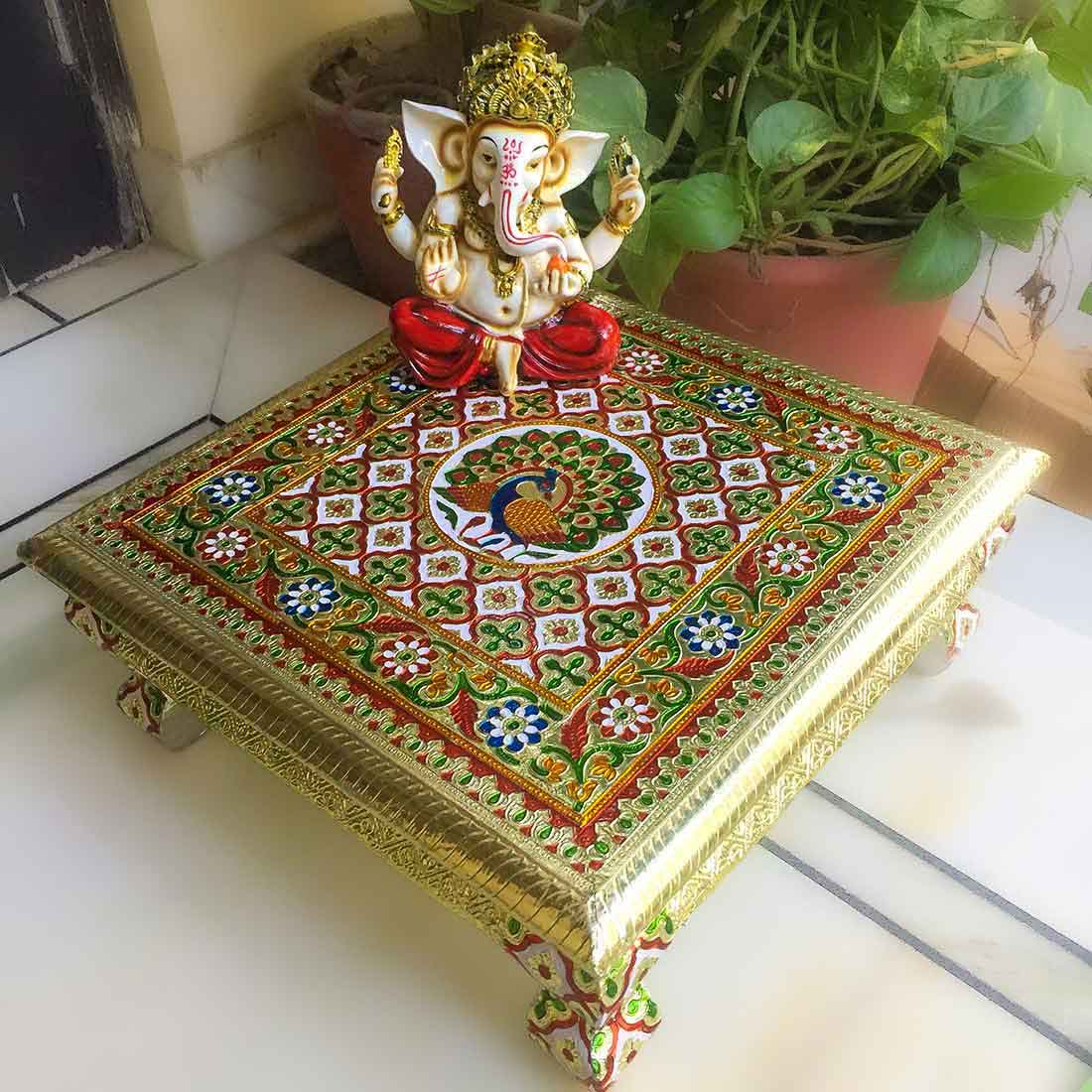 Minakari Pooja Chowki Bajot - Peacock Design - For Diwali pooja & Festive Decor - 16 Inch - ApkaMart