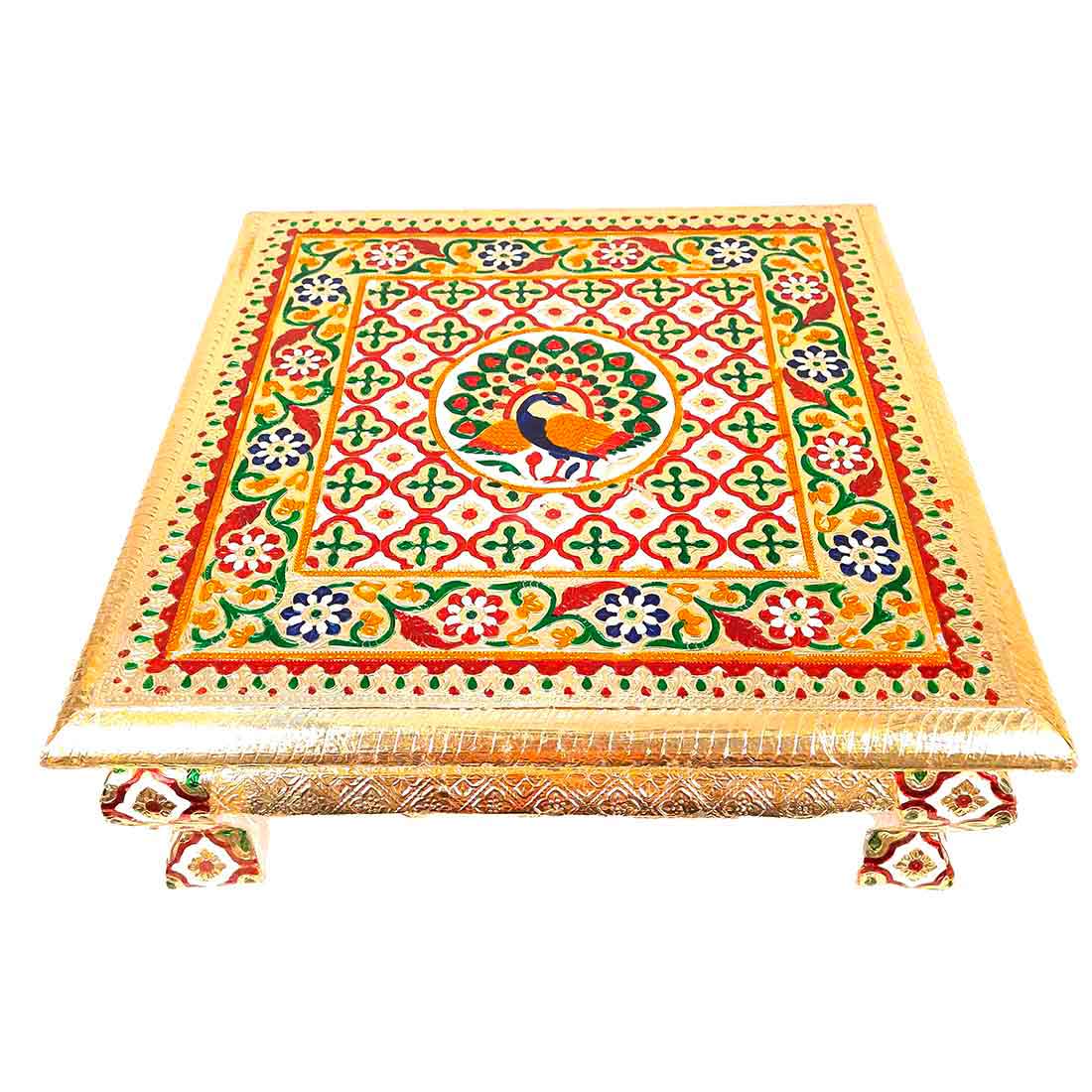 Minakari Pooja Chowki Bajot - Peacock Design - For Diwali pooja & Festive Decor - 16 Inch - ApkaMart