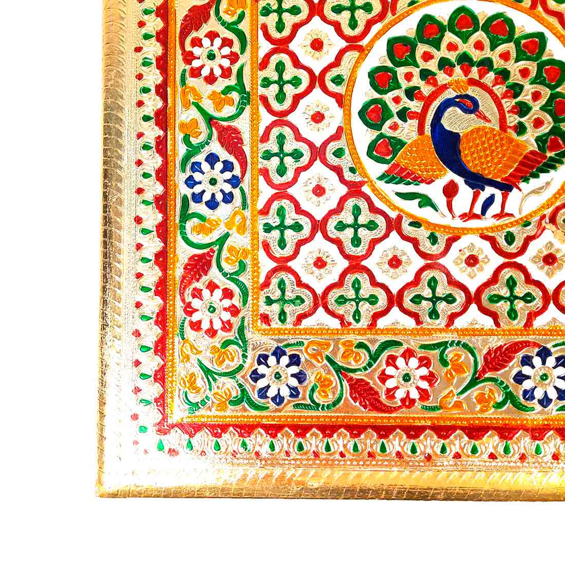 Minakari Pooja Chowki Bajot - Peacock Design - For Diwali pooja & Festive Decor - 16 Inch - ApkaMart
