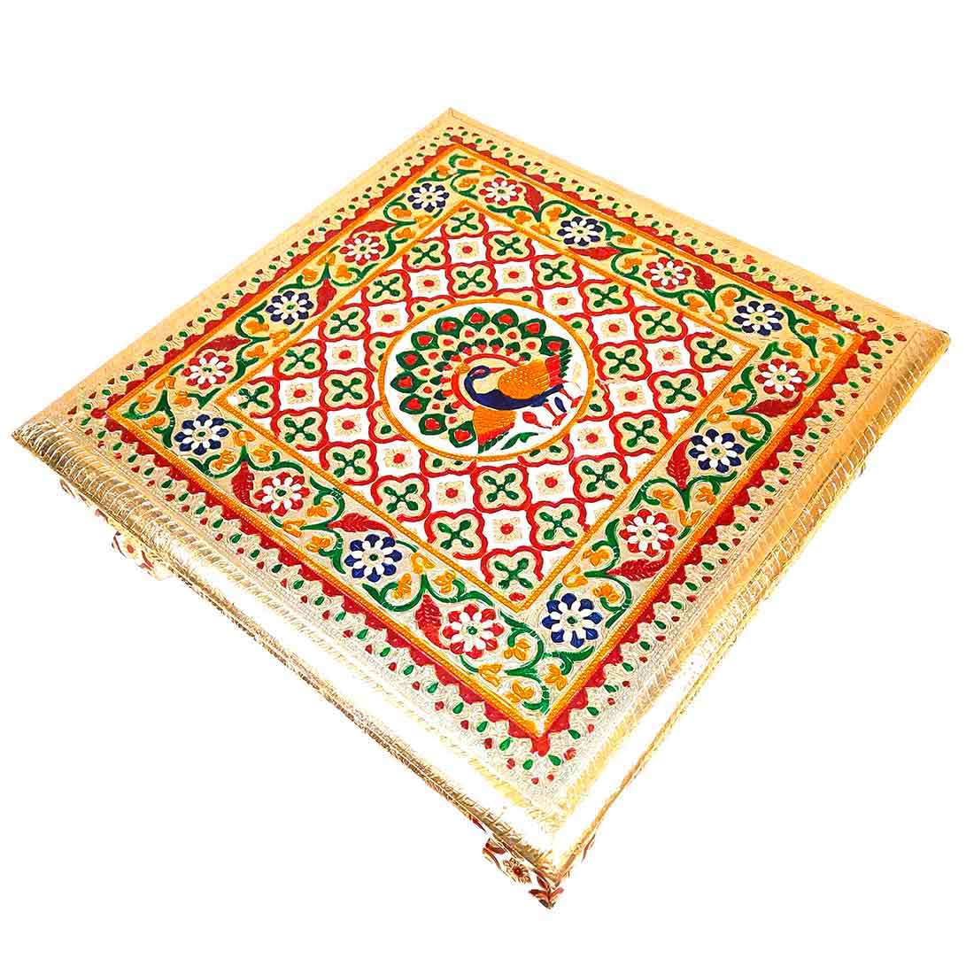 Minakari Pooja Chowki Bajot - Peacock Design - For Diwali pooja & Festive Decor - 16 Inch - ApkaMart
