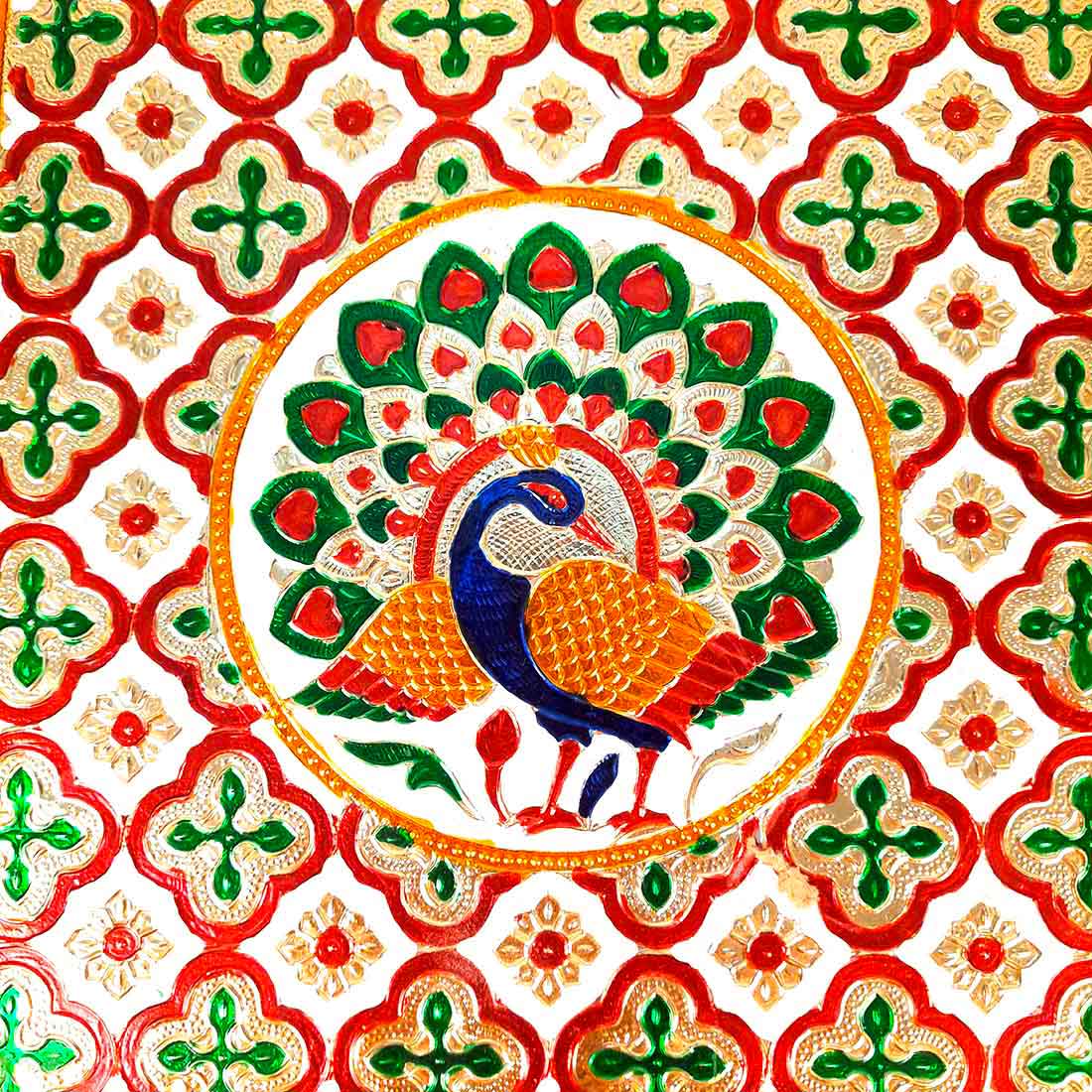 Minakari Pooja Chowki Bajot - Peacock Design - For Diwali pooja & Festive Decor - 16 Inch - ApkaMart